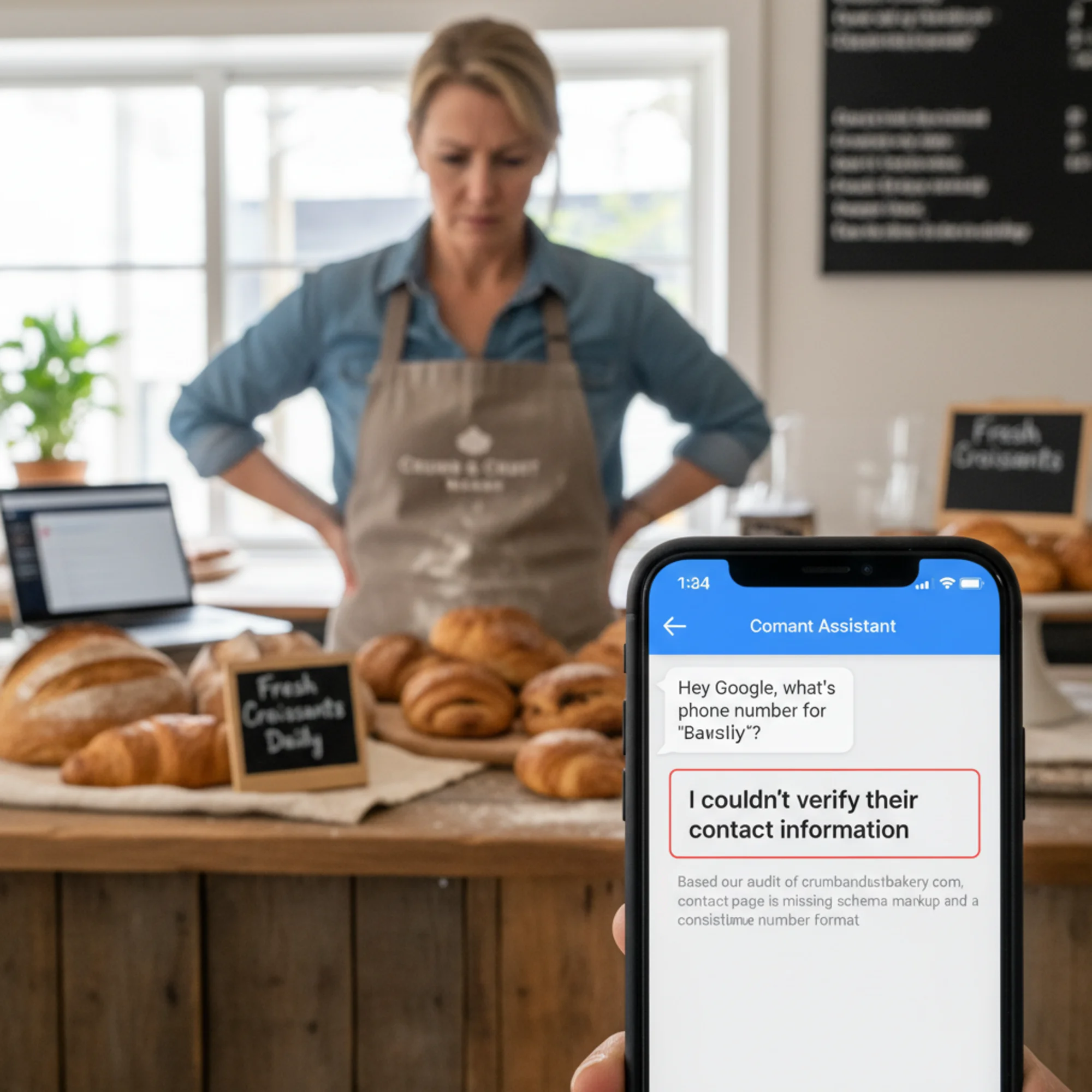 A phone screen showing an AI assistant responding "I couldn't verify their contact information" when asked about a local bakery, with the bakery owner looking frustrated behind the counter