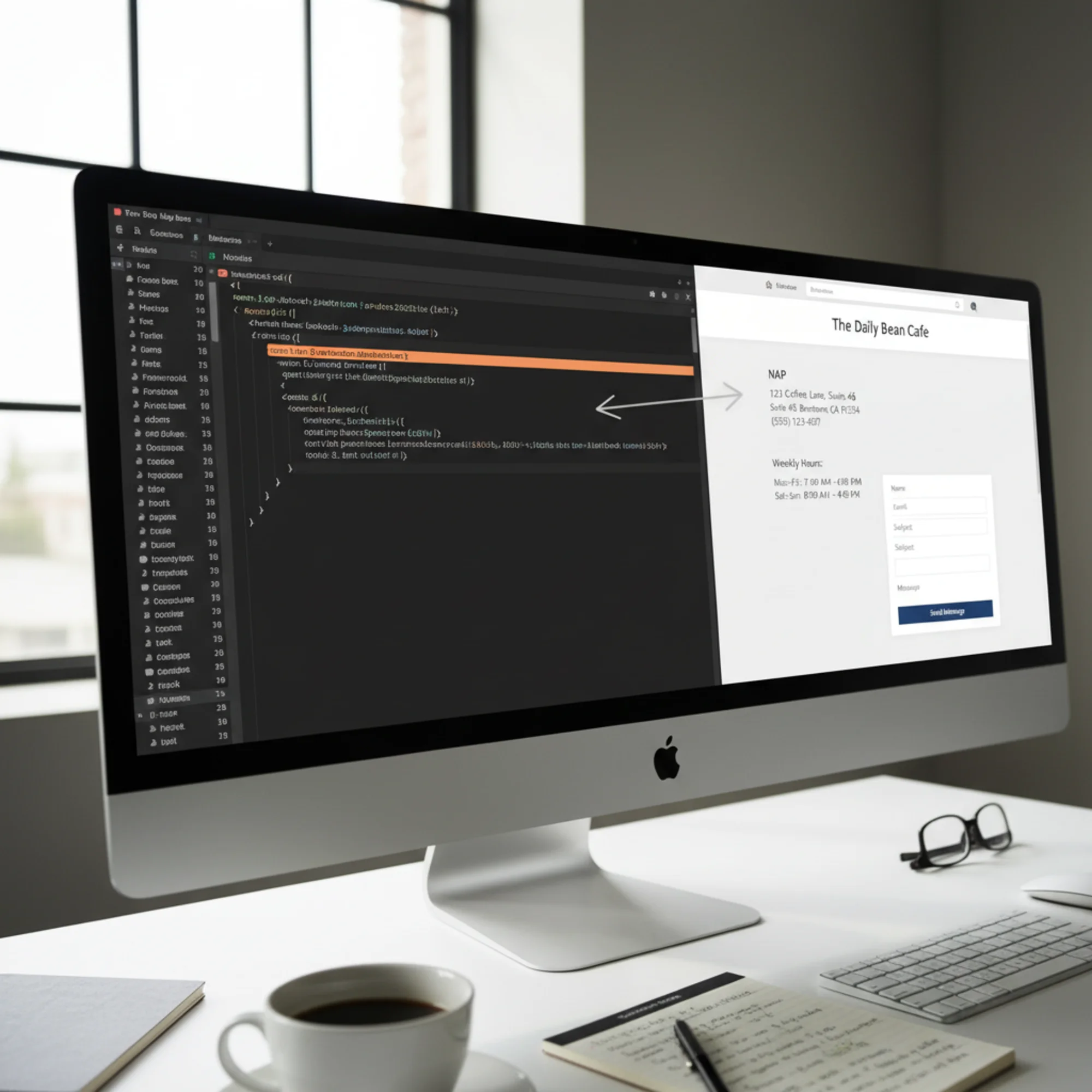 A split-screen view of a contact page's HTML source code on the left showing LocalBusiness JSON-LD structured data markup, and the rendered contact page on the right displaying a NAP block, weekly hours, and a contact form