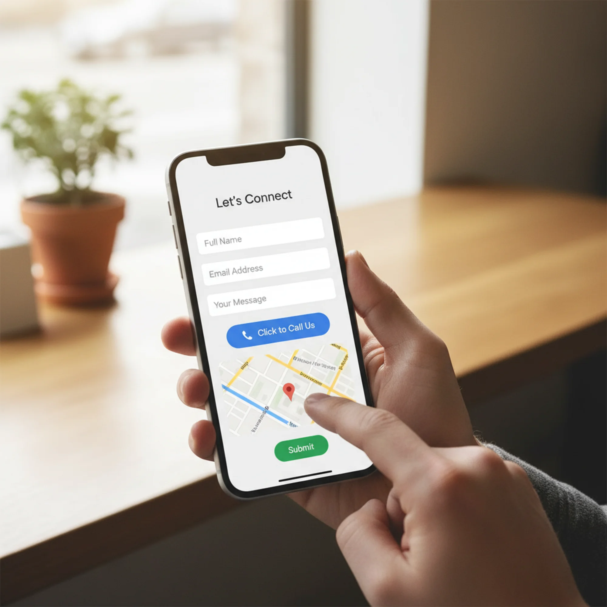 A small business contact page on a phone screen showing a short form with name, email, and message fields, a click-to-call button, and a Google Map embed, with a visitor's thumb hovering over the submit button