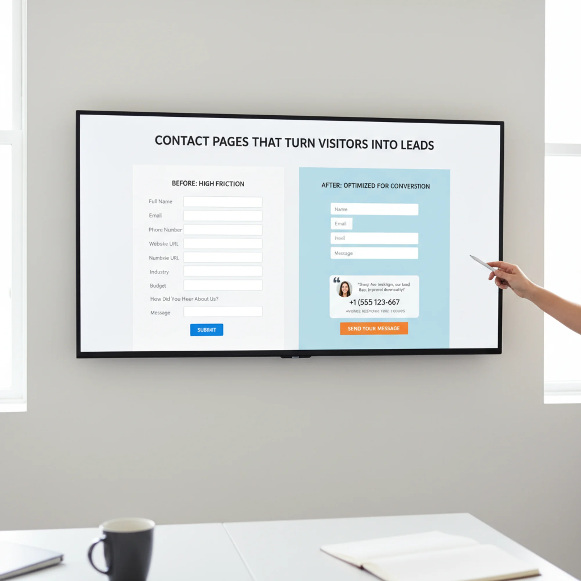 A side-by-side comparison of two contact page layouts: the left side shows a long 10-field form with no trust signals, the right side shows a streamlined 3-field form with a testimonial quote, phone number, and response time promise