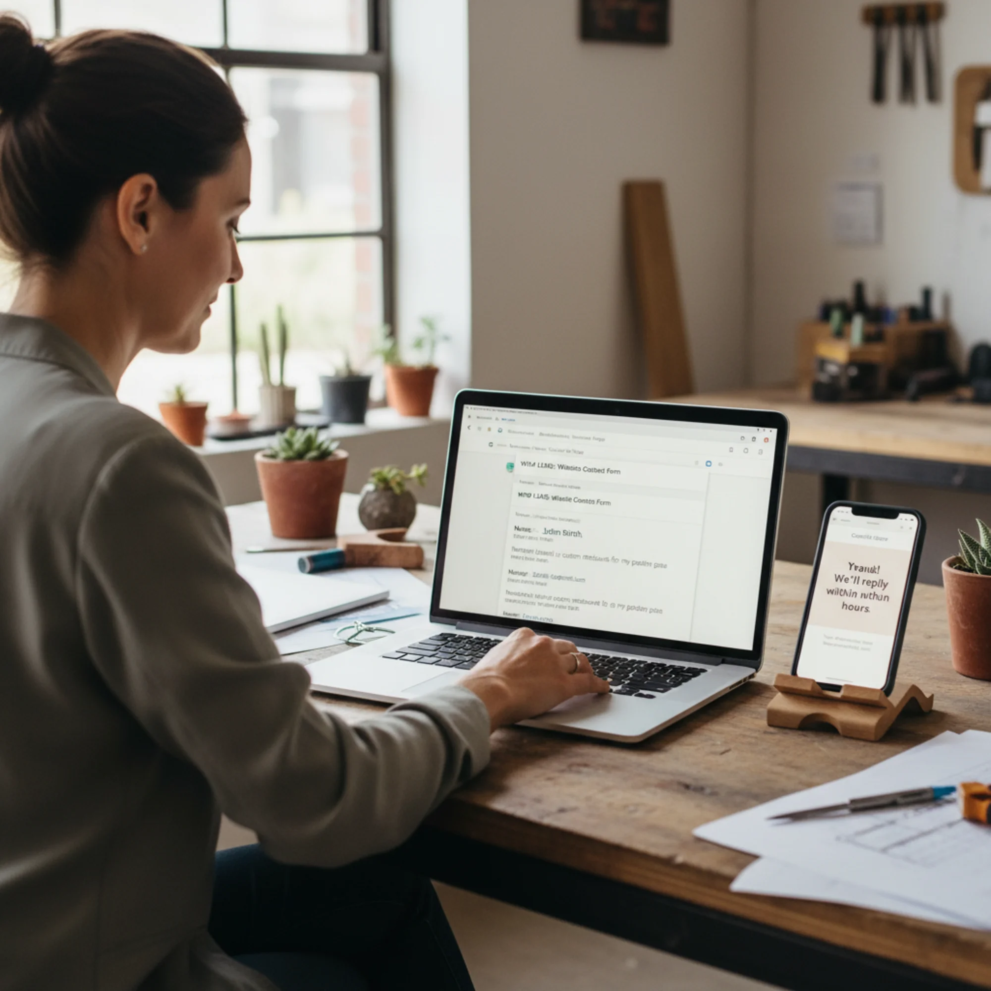 A small business owner's inbox showing three new lead notifications from their redesigned contact page, with a phone screen beside it displaying a "Thank you — we'll reply within 2 hours" confirmation message