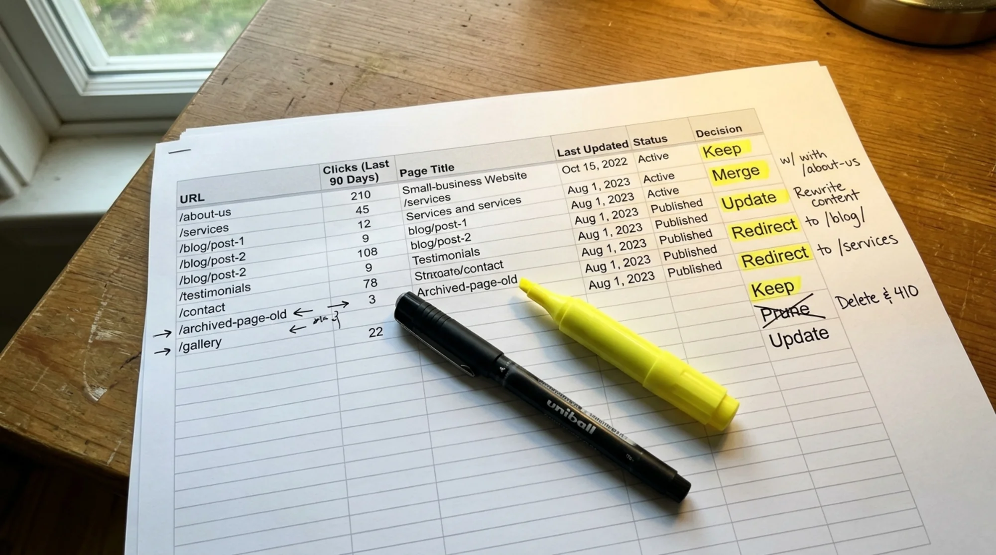 Overhead view of a content inventory spreadsheet printed on paper, showing columns for URL, clicks, last updated, and a "Decision" column filled in with handwritten words: Keep, Update, Merge, Redirect; a highlighter and pen rest on top, warm desk lamp lighting