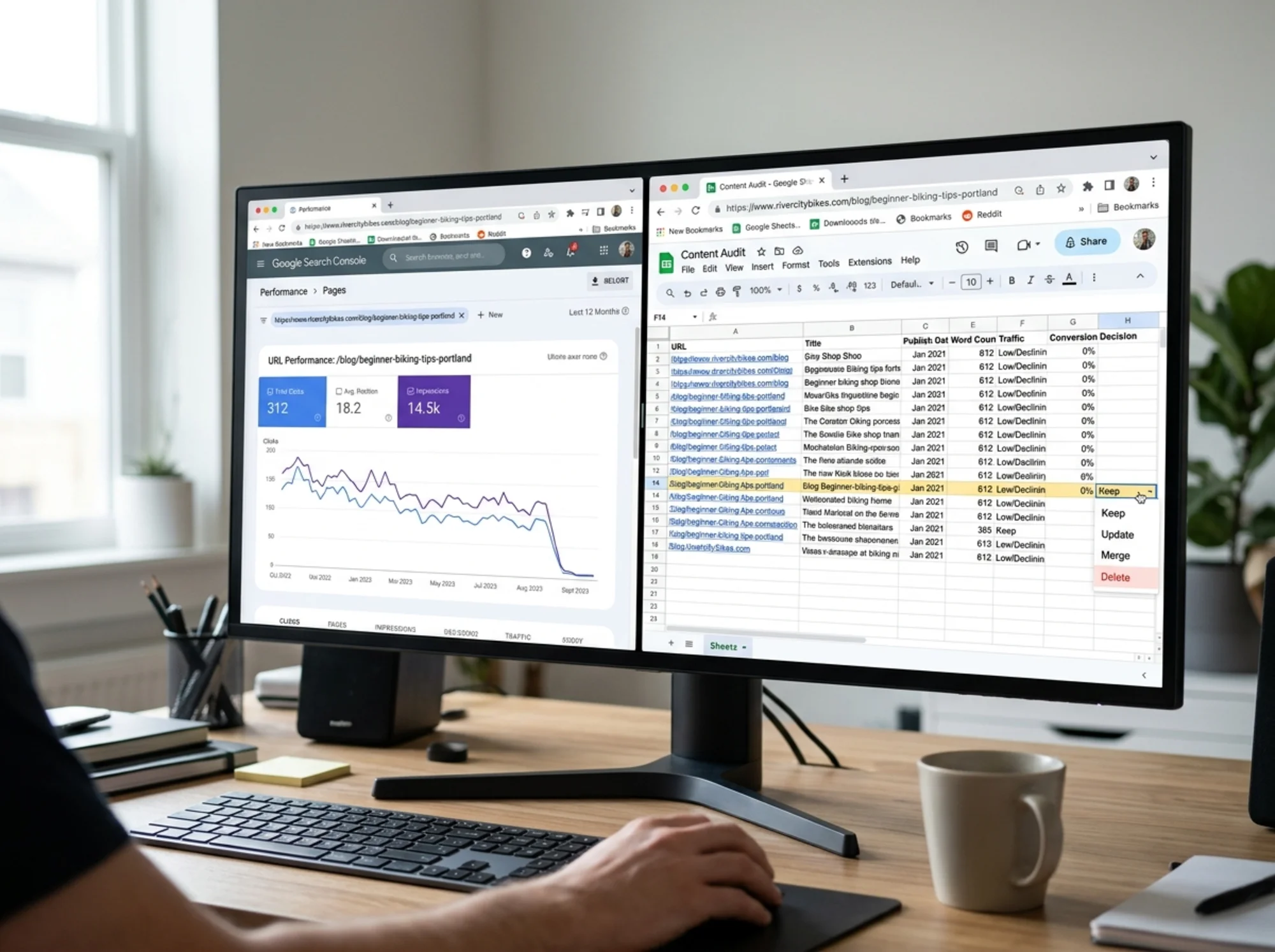 Two browser windows side by side on a wide monitor: left shows a Google Search Console Performance report filtered to a single URL with a declining clicks line chart; right shows a Google Sheets content audit with a "Decision" dropdown open to Keep/Update/Merge/Delete