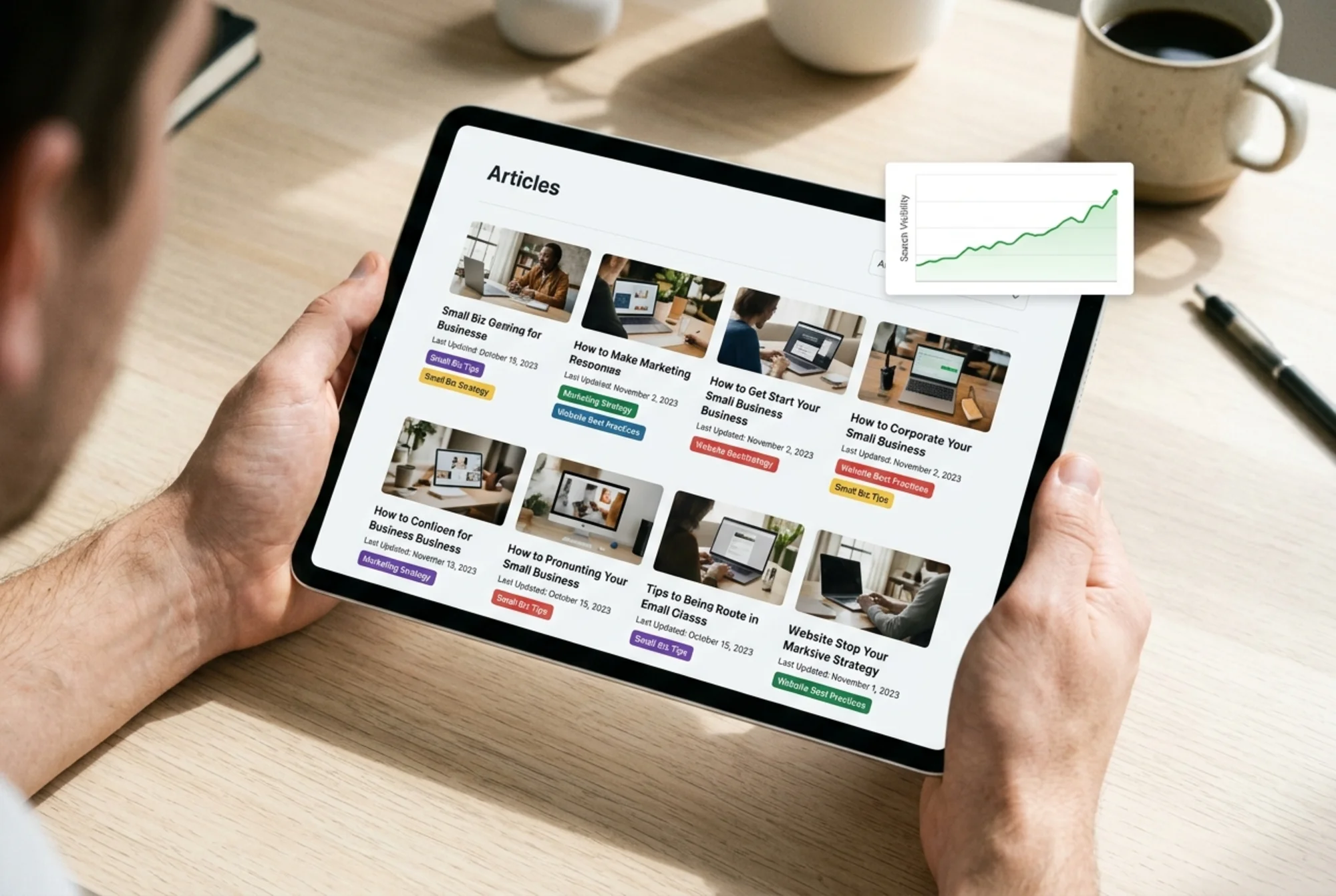 Tablet screen displaying a cleaned-up blog index with around a dozen well-organized articles, each with current dates and clear category tags; a small inset rankings graph trends upward; hands holding the tablet steady on a clean desk