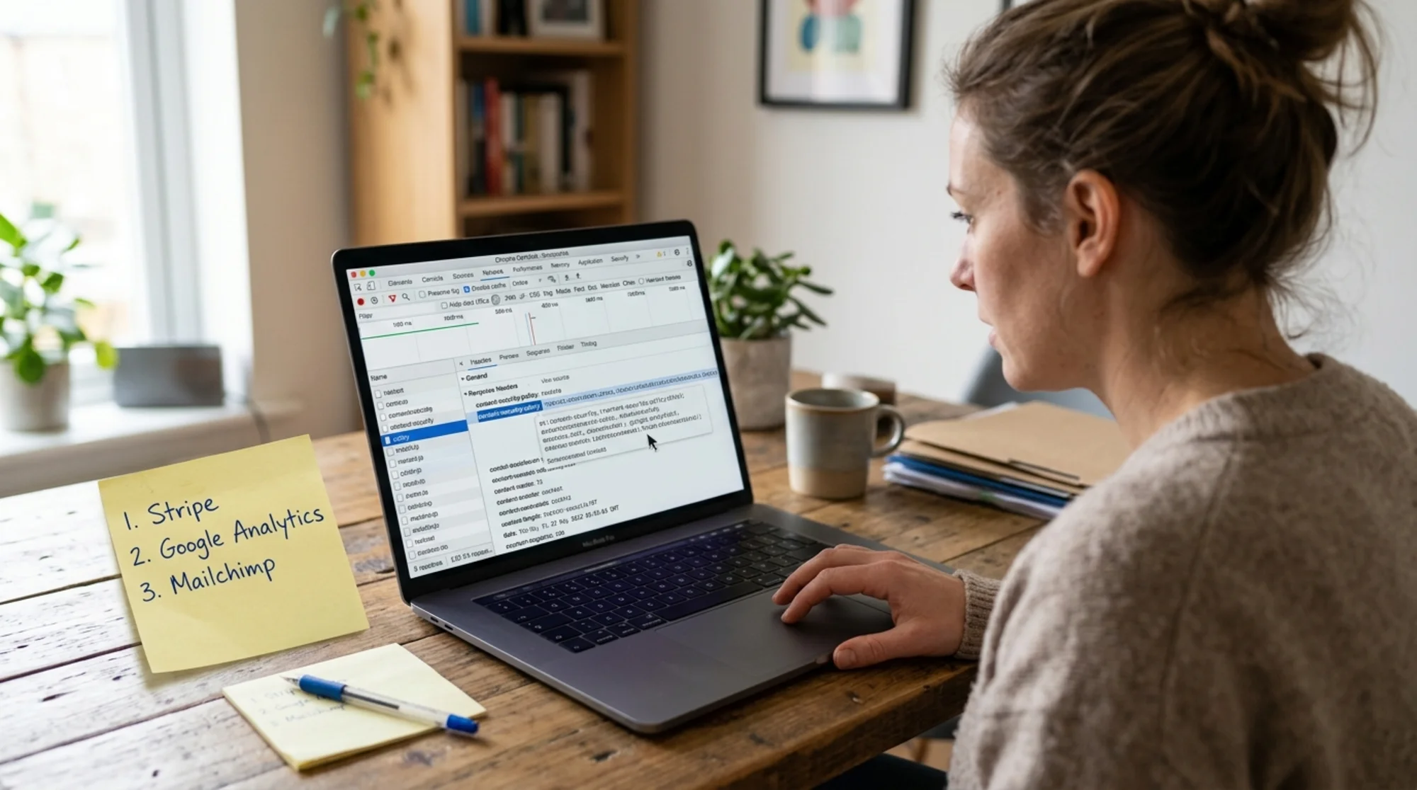 A small business owner at a laptop reviewing a Content-Security-Policy response header in Chrome DevTools, with a sticky note beside the keyboard listing approved script domains: Stripe, Google Analytics, Mailchimp