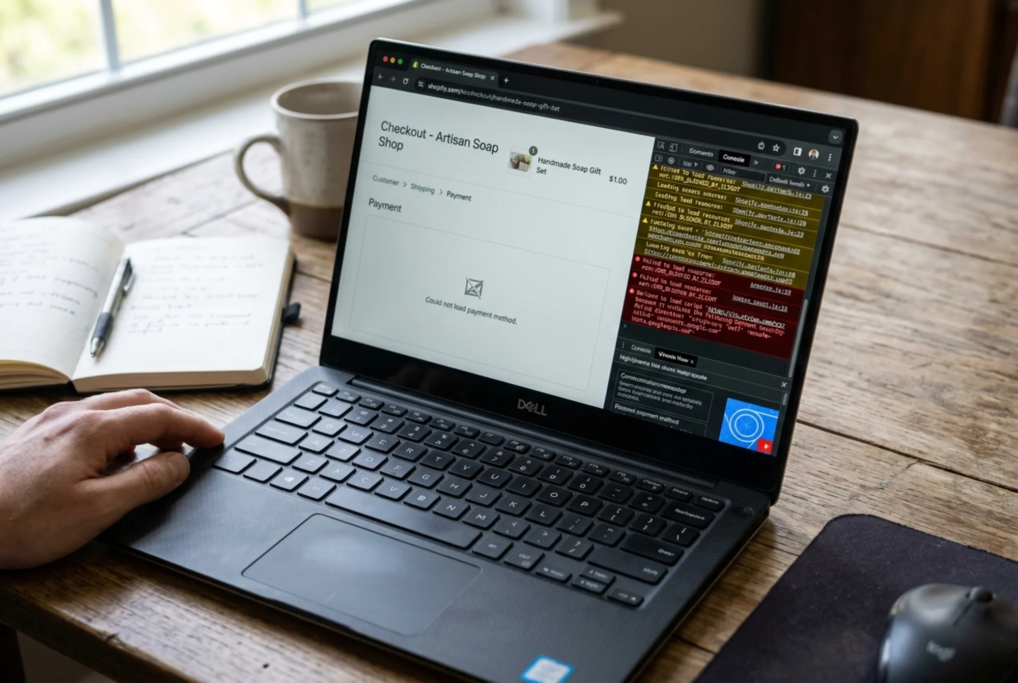 A laptop on a wooden desk showing a Shopify checkout where the Stripe payment button has failed to render, the Chrome DevTools Console open with a red "Refused to load script" CSP violation message highlighted