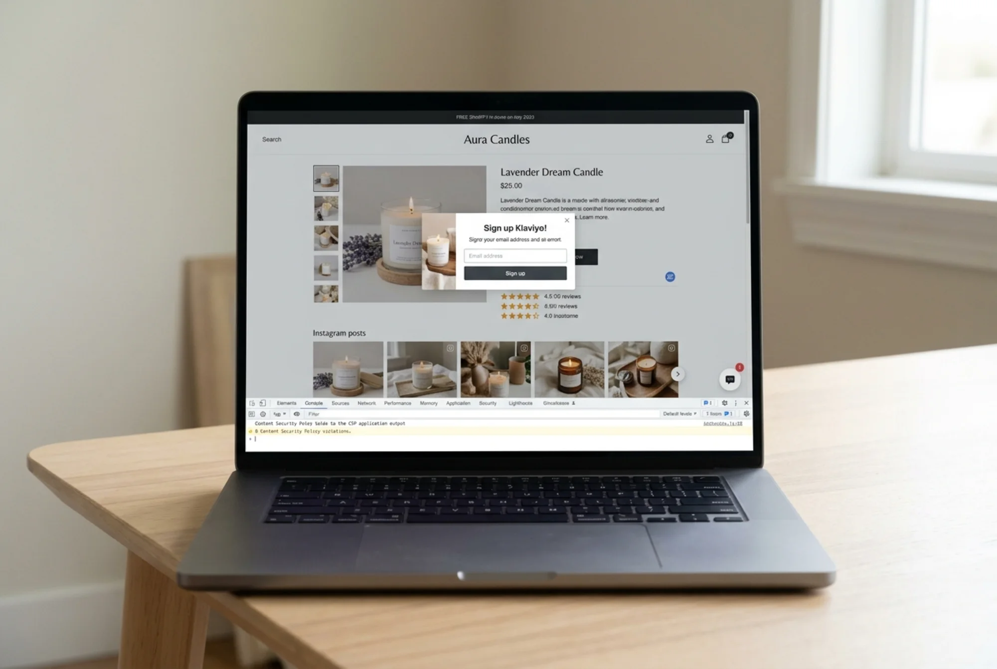 A browser DevTools Console tab on a candle-shop Shopify storefront showing zero CSP violations after enforcement, with the product page rendering cleanly including the Klaviyo popup, Yotpo review stars, and an Instagram embed strip