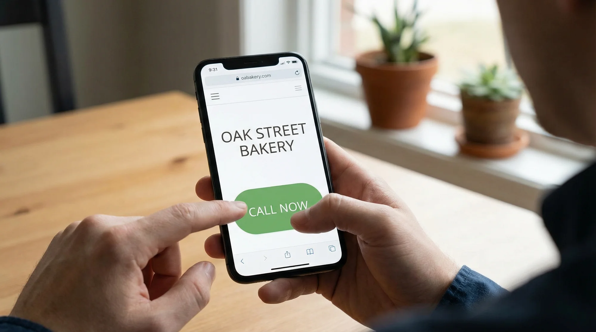 Person using a smartphone to view a local business website with a prominent Call Now button
