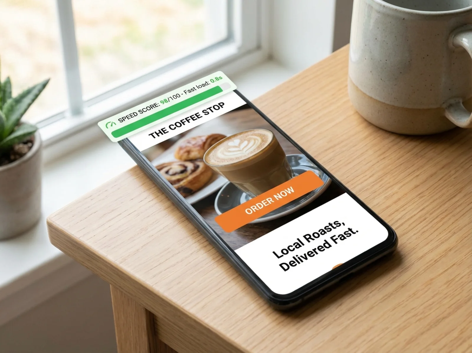 Smartphone displaying a fast-loading local business landing page with a prominent CTA button