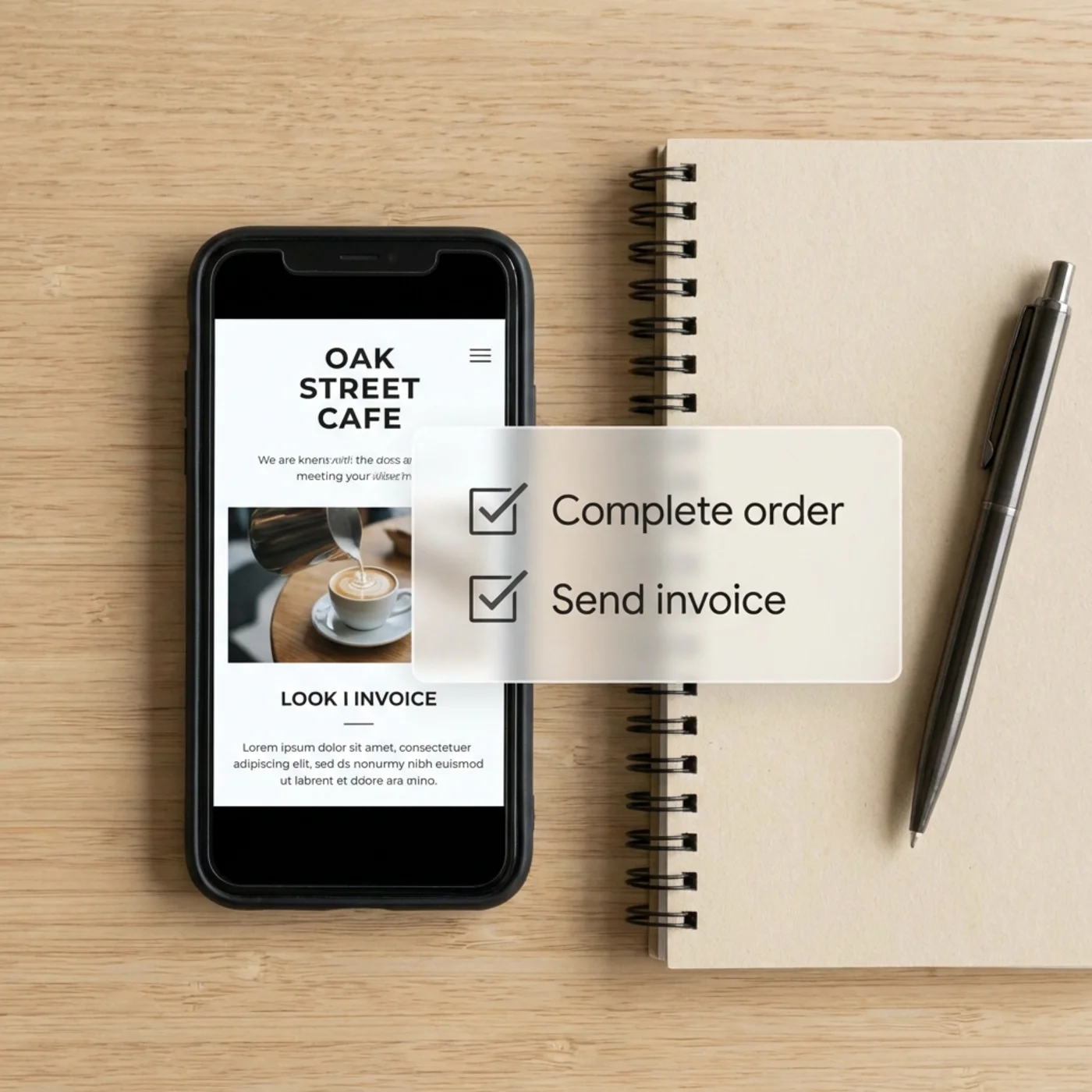 Desk flat-lay with smartphone showing a local business website and mobile CTA checklist