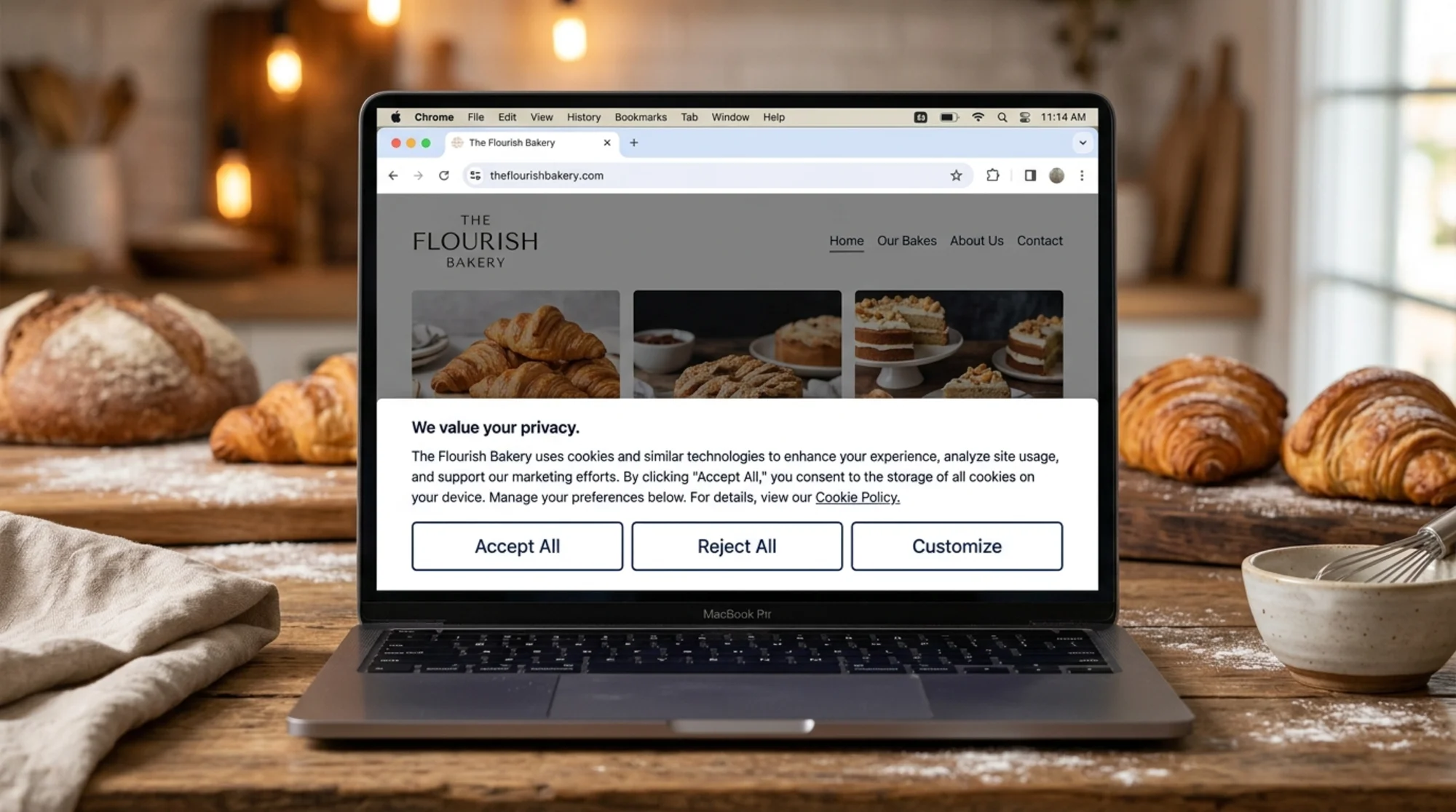 Close-up of a cookie consent banner on a small business bakery website displayed in a Chrome browser, showing equally weighted Accept All, Reject All, and Customize buttons side by side at the bottom of the homepage above the fold