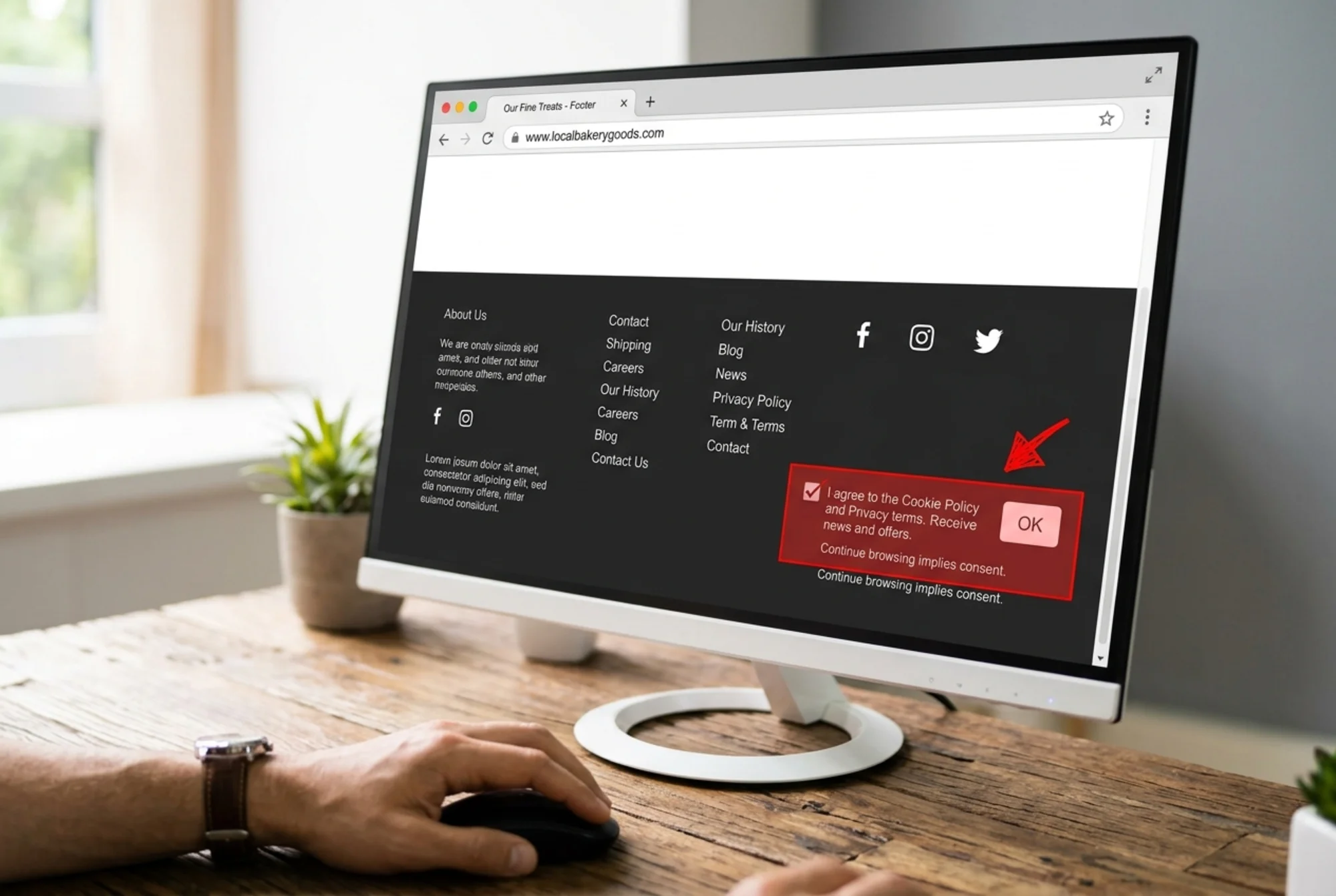 A cluttered website footer captured in a browser window with a pre-checked "I agree" checkbox and a single OK button, lit with a red warning highlight overlay and a small annotation arrow flagging it as a non-compliant dark pattern