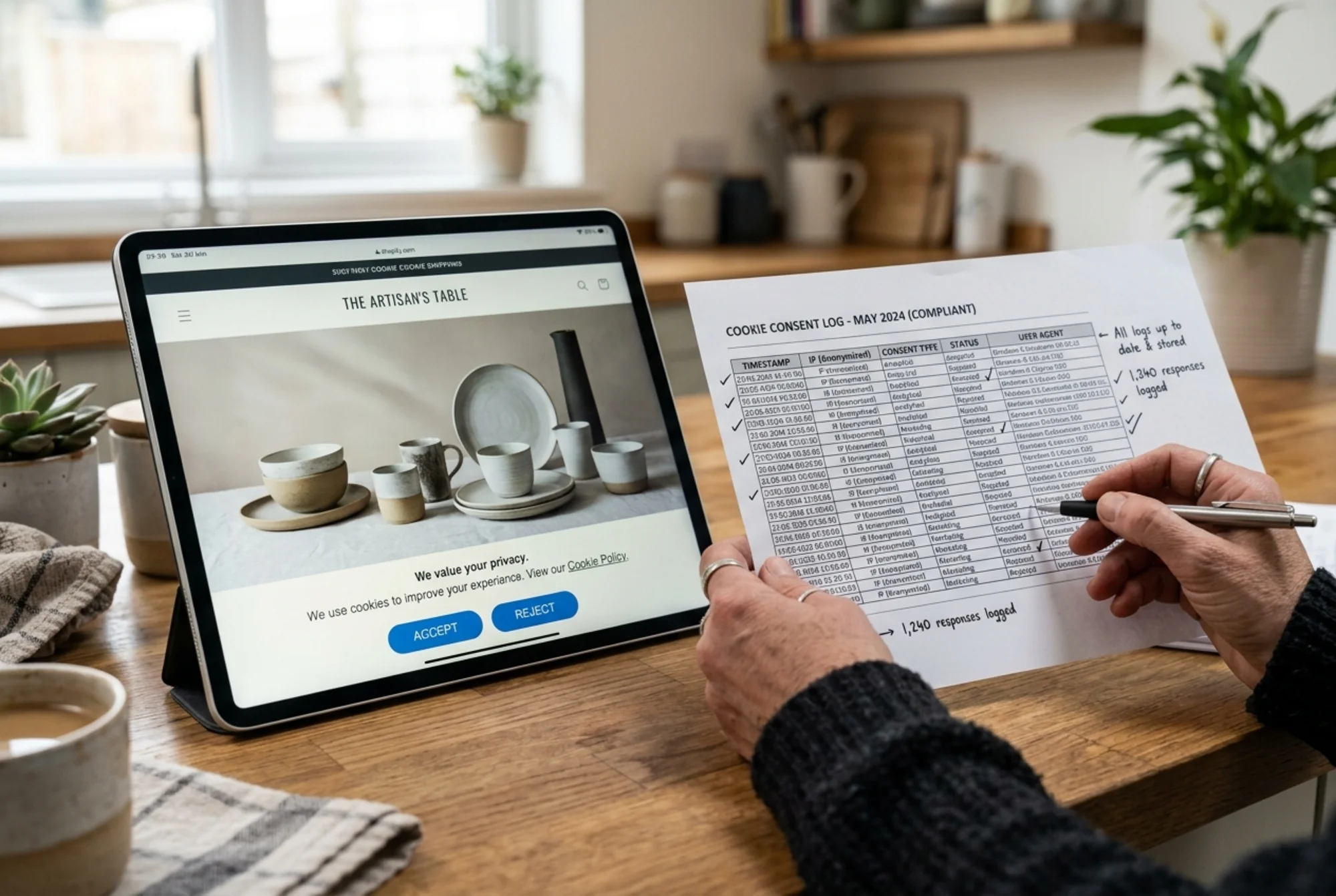 A clean, compliant cookie banner on a tablet showing equal-weight Accept and Reject buttons next to a Shopify-style store homepage, with a small business owner's hands reviewing a printed consent log spreadsheet on a kitchen counter beside the device