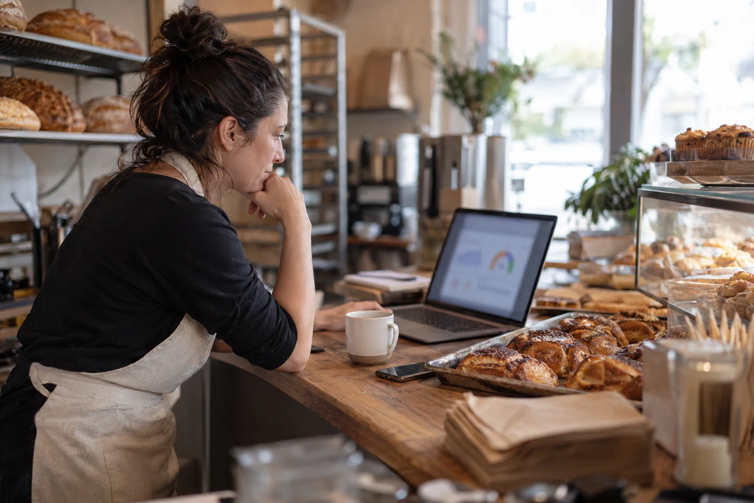 Realistic documentary photo of a neighborhood bakery owner behind the counter reviewing a Google PageSpeed Insights mobile performance report on a laptop, authentic working bakery with trays and packaging nearby, screen viewed obliquely with no readable content, no added text