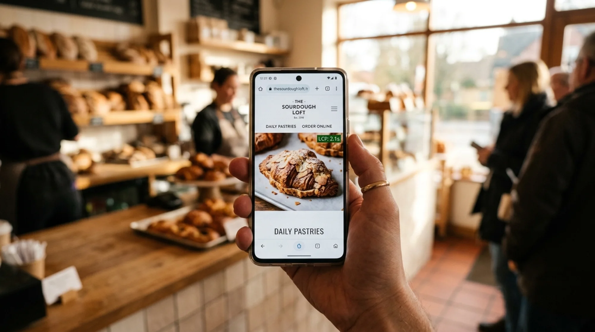 Close-up of a small bakery website loading on a mobile phone held in a hand, with a faint LCP timing overlay reading "2.1s" next to a hero pastry photo, warm morning light through a shop window in the background