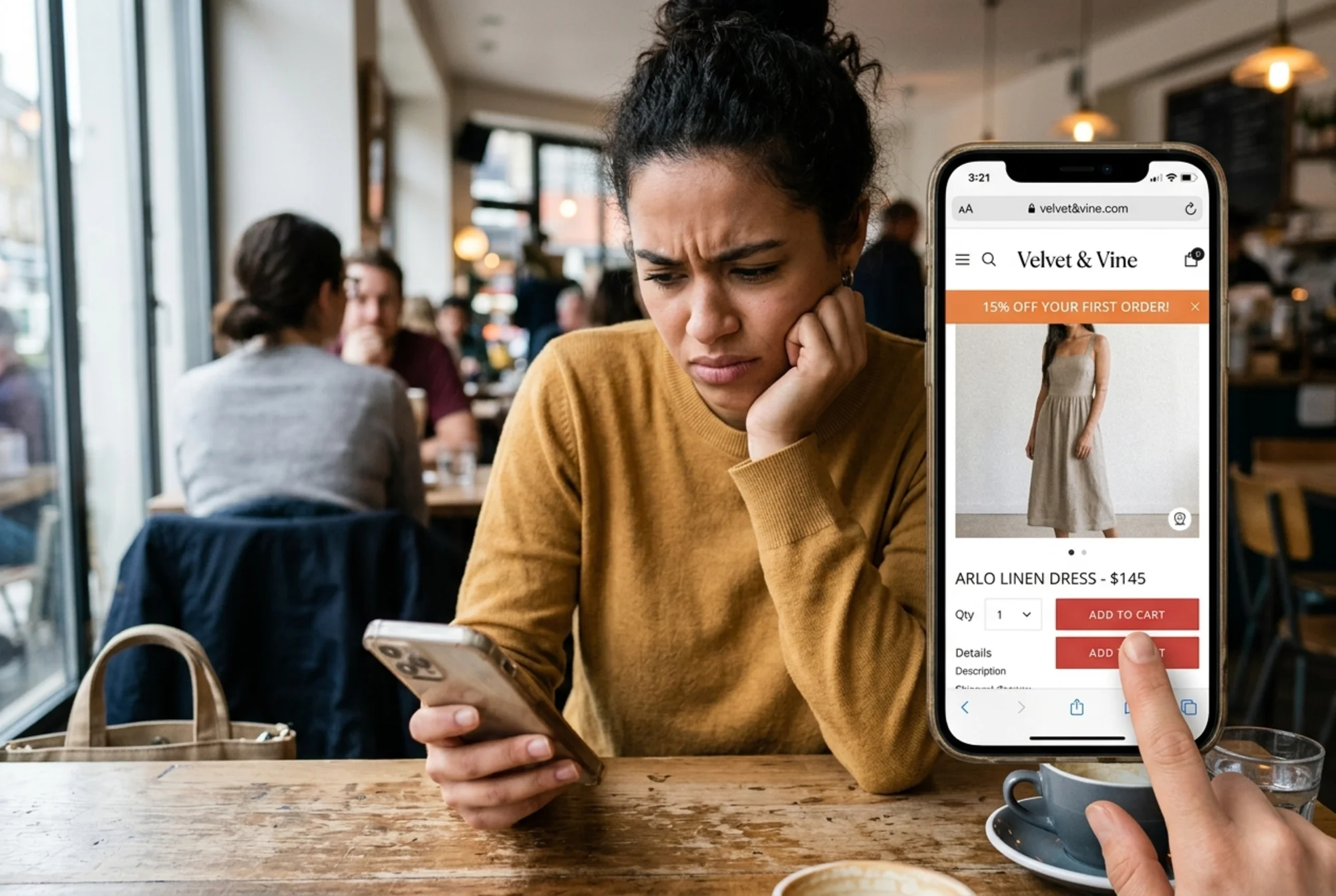 A frustrated customer at a cafe table tapping repeatedly on an "Add to Cart" button on a slow-loading boutique clothing site, the page visibly shifting as a promo banner pops in and pushes the button down mid-tap