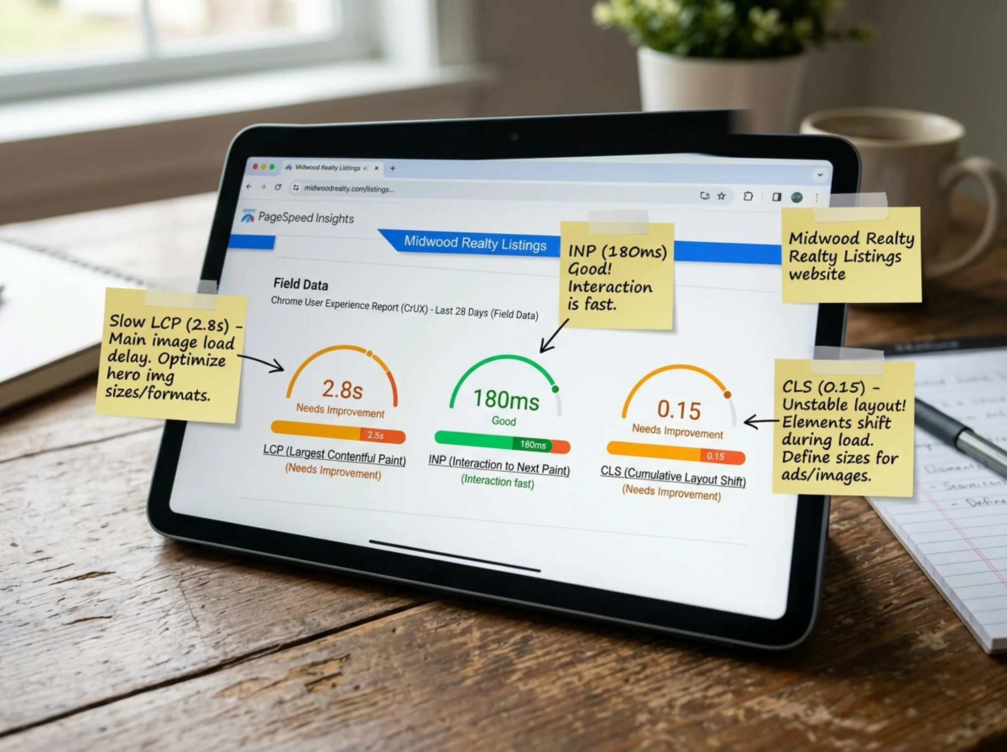 A PageSpeed Insights results screen open on a tablet showing the field data section for a local real estate listing site, LCP/INP/CLS gauges side by side, small handwritten sticky notes pointing to each metric with arrows