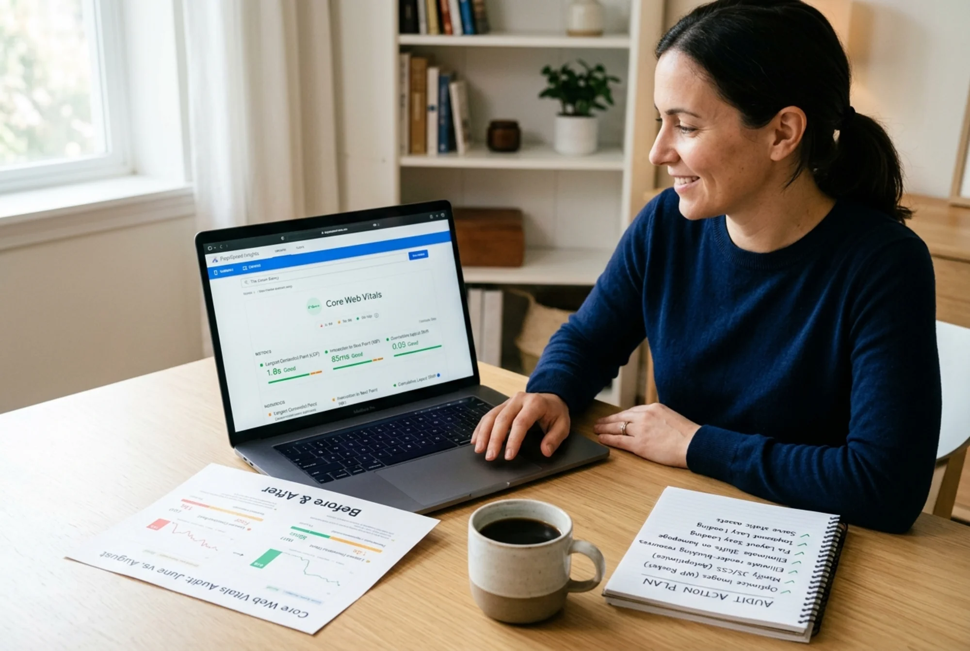 A small business owner reviewing a "Good" rating across all three Core Web Vitals on her PageSpeed Insights dashboard at a tidy workspace, a printed before/after comparison sheet beside her coffee, a notebook with checked-off action items in frame