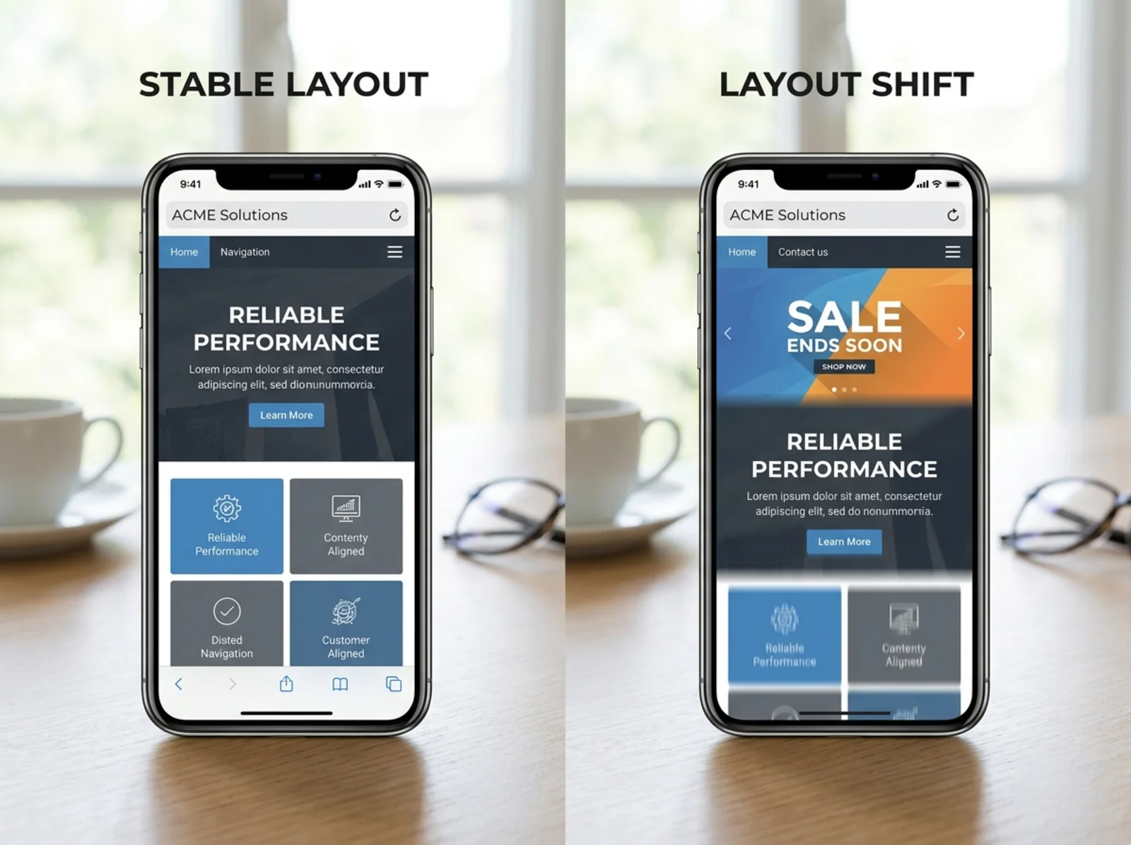 Two phones showing a stable page and a shifting page layout