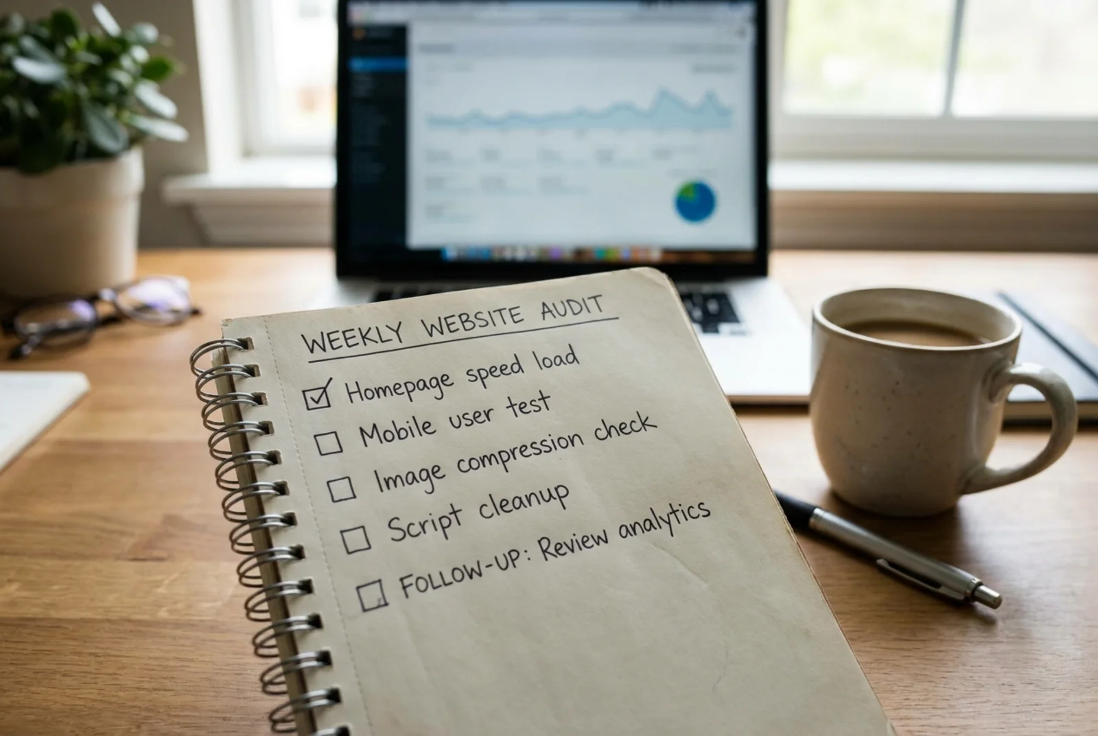 Weekly website performance checklist on a notebook beside a coffee cup