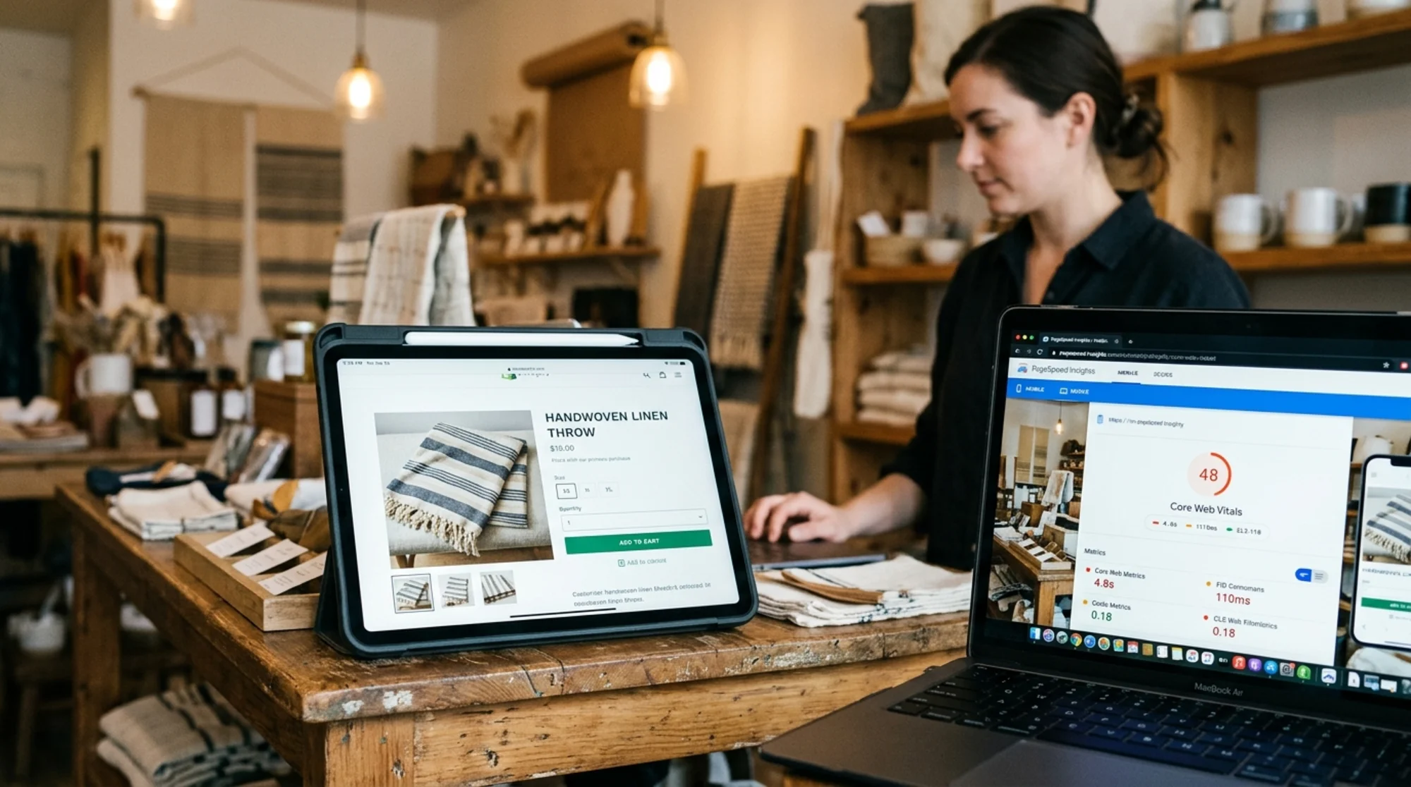Close-up of a Shopify product page open on a tablet inside a small boutique, hero product image and "Add to cart" button clearly visible, PageSpeed Insights mobile score panel reflected on a nearby laptop, warm retail lighting