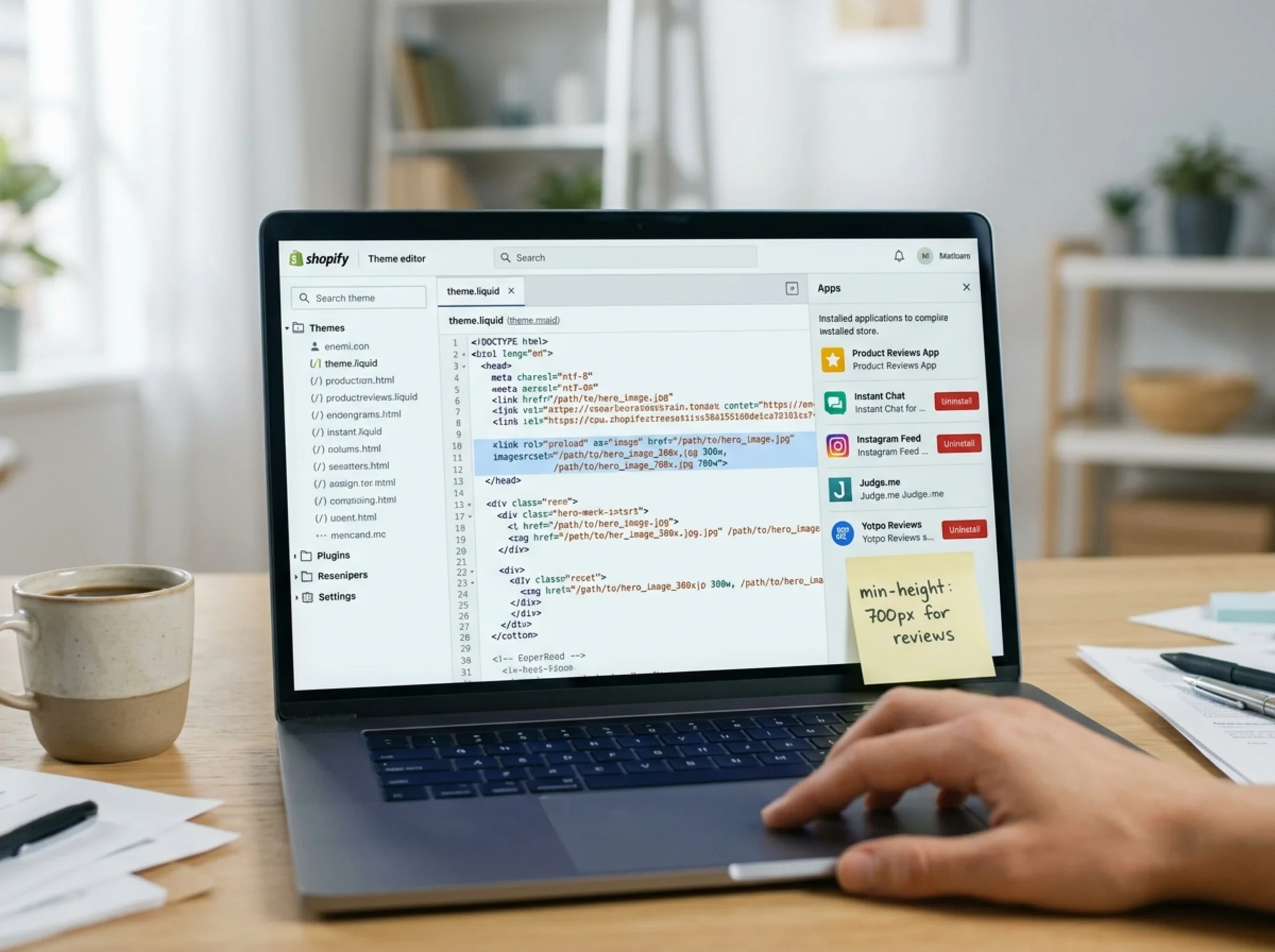 Laptop screen showing the Shopify theme editor with theme.liquid open, a visible <link rel="preload"> tag for the hero image, and the Apps panel beside it with several apps marked for uninstall, sticky note reading "min-height: 700px for reviews"