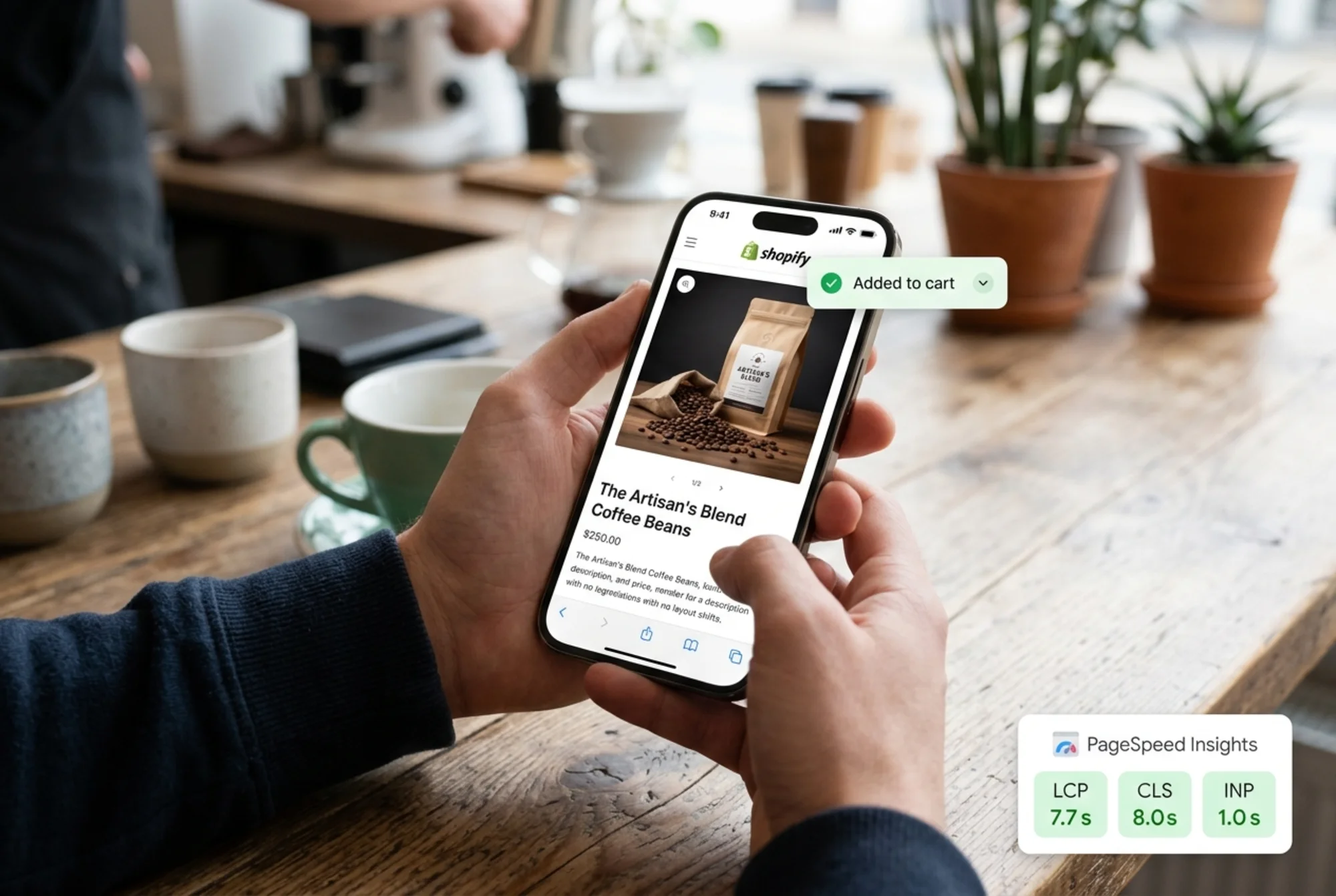 Same Shopify product page now loading cleanly on the phone: sharp hero image rendered instantly, stable layout with no shifting, "Added to cart" confirmation toast appearing, PageSpeed Insights badge in the corner showing green LCP, CLS, and INP
