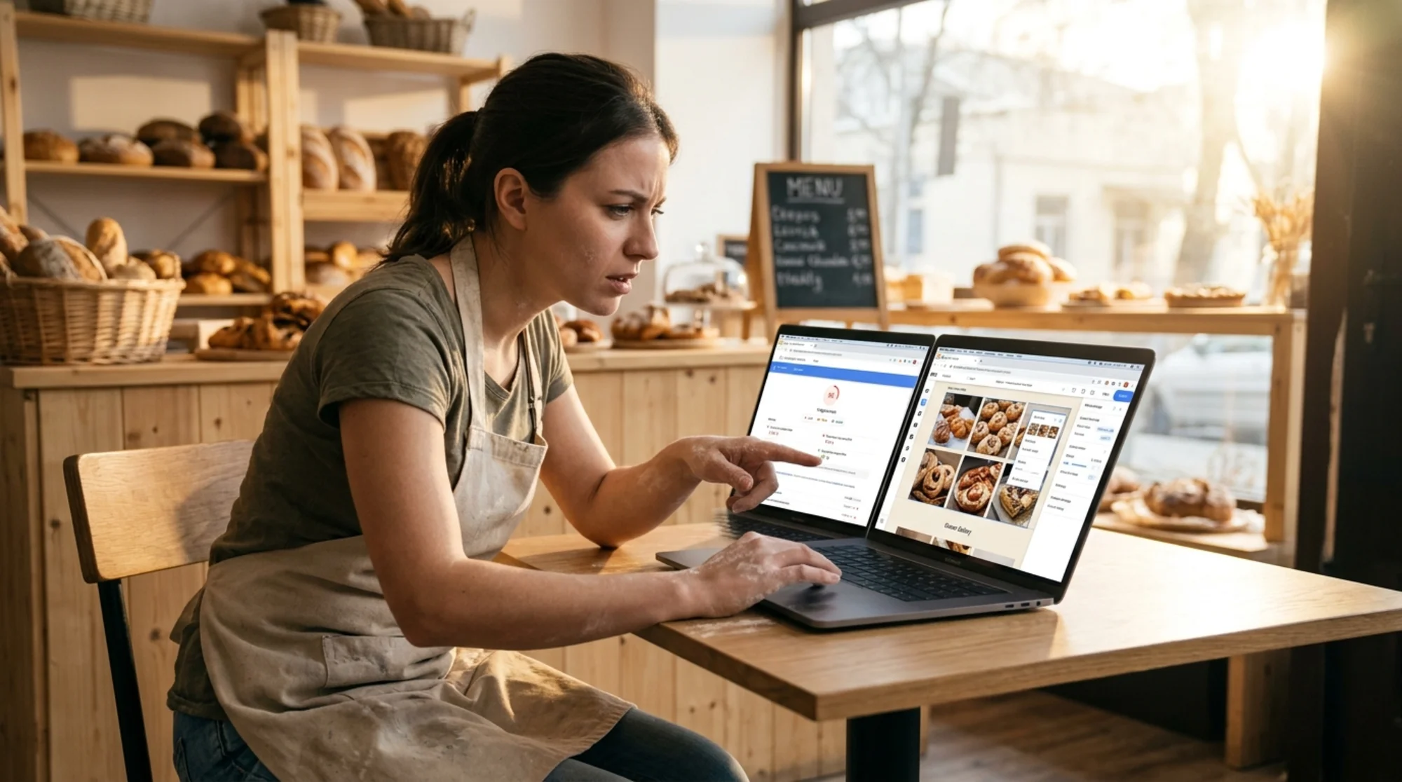 Wix site owner on a laptop in a small bakery, PageSpeed Insights report open in one tab showing LCP and CLS metrics, Wix editor visible in another tab, warm morning light through the shop window