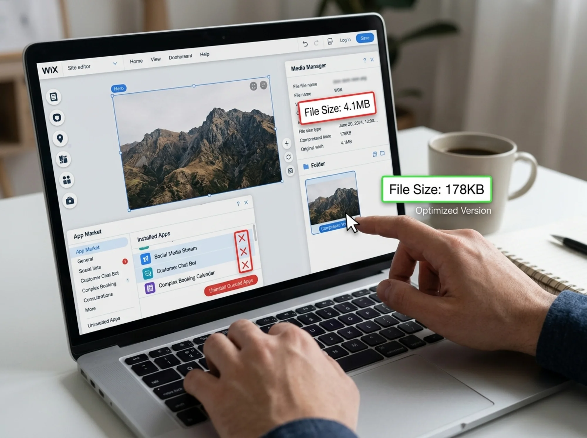 Hands working in the Wix Media Manager on a laptop, replacing a 4MB hero photo with a compressed version, file size indicators showing "178KB" next to the new image, App Market panel visible on the side with several apps queued for removal