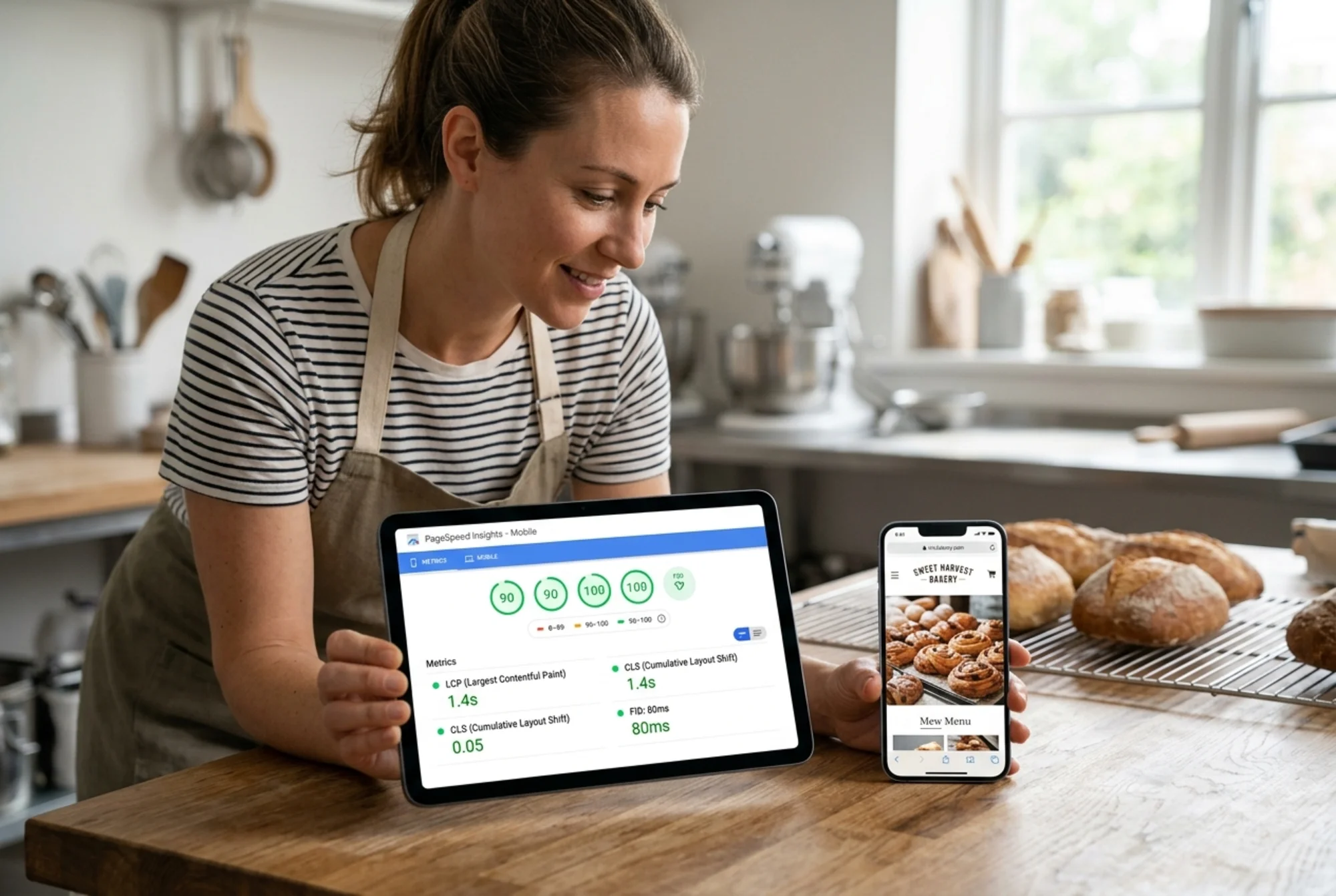 Wix site owner reviewing a passing PageSpeed Insights screen on a tablet showing green LCP and CLS scores, the same Wix bakery homepage rendered cleanly on a phone next to it, no popups or layout shifts