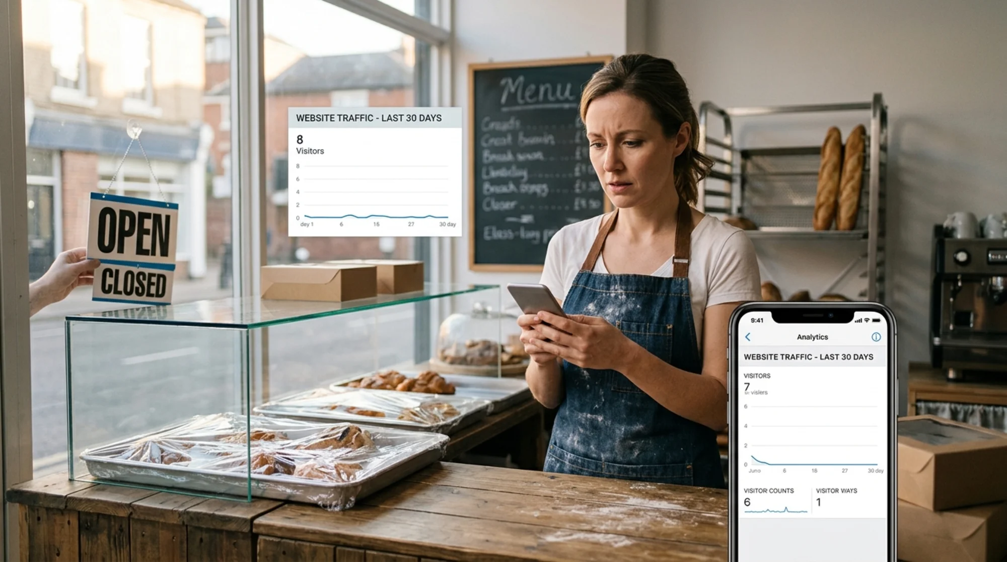 A small bakery owner standing behind the counter at closing time, holding a phone showing a near-empty website analytics graph, warm afternoon light through the storefront window, slight worry on her face, real and grounded scene