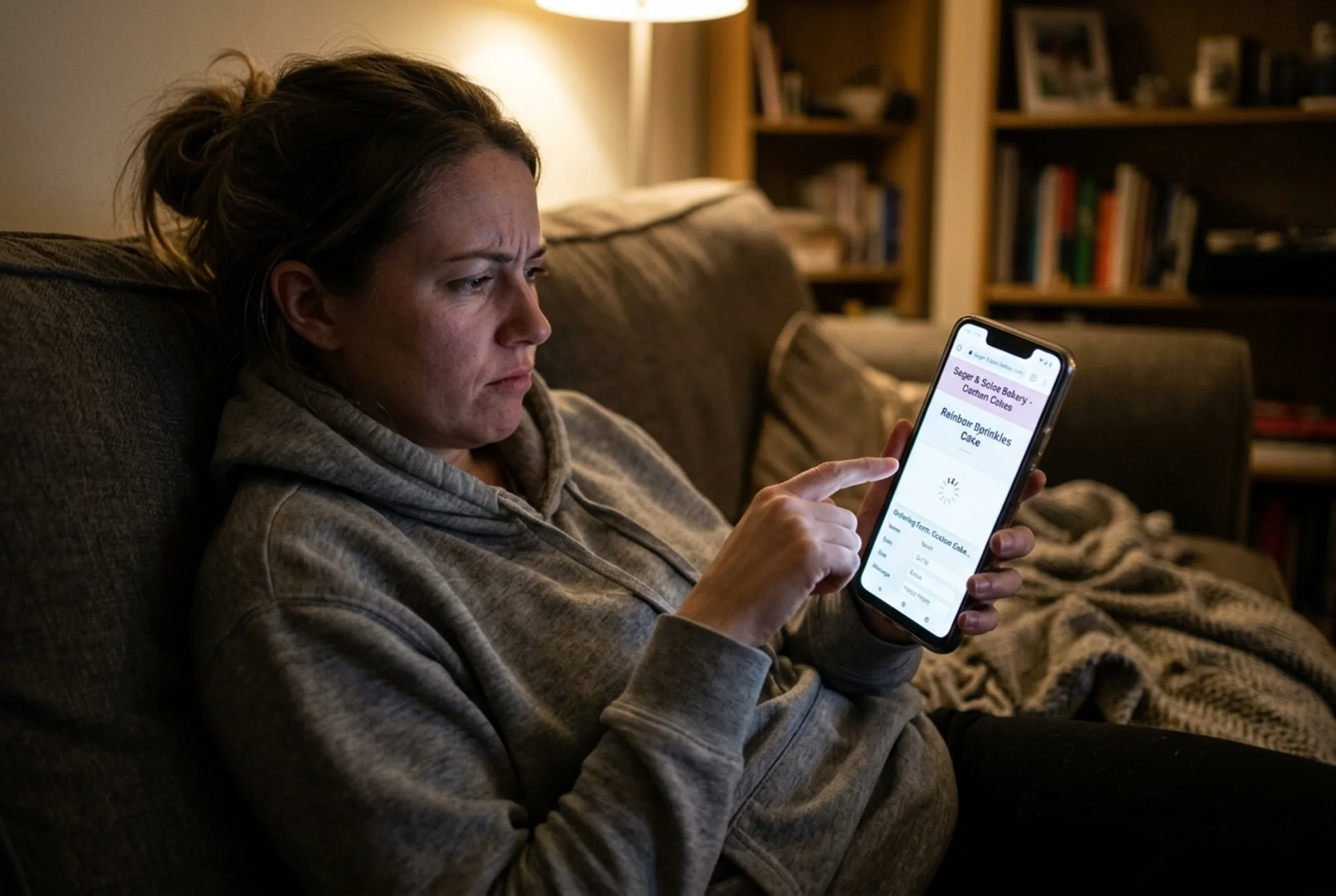 A frustrated customer on a sofa tapping a slow-loading bakery product page on a phone, a spinning loader visible on screen, half-finished order form for a custom cake, dim living room lighting, candid moment of abandonment