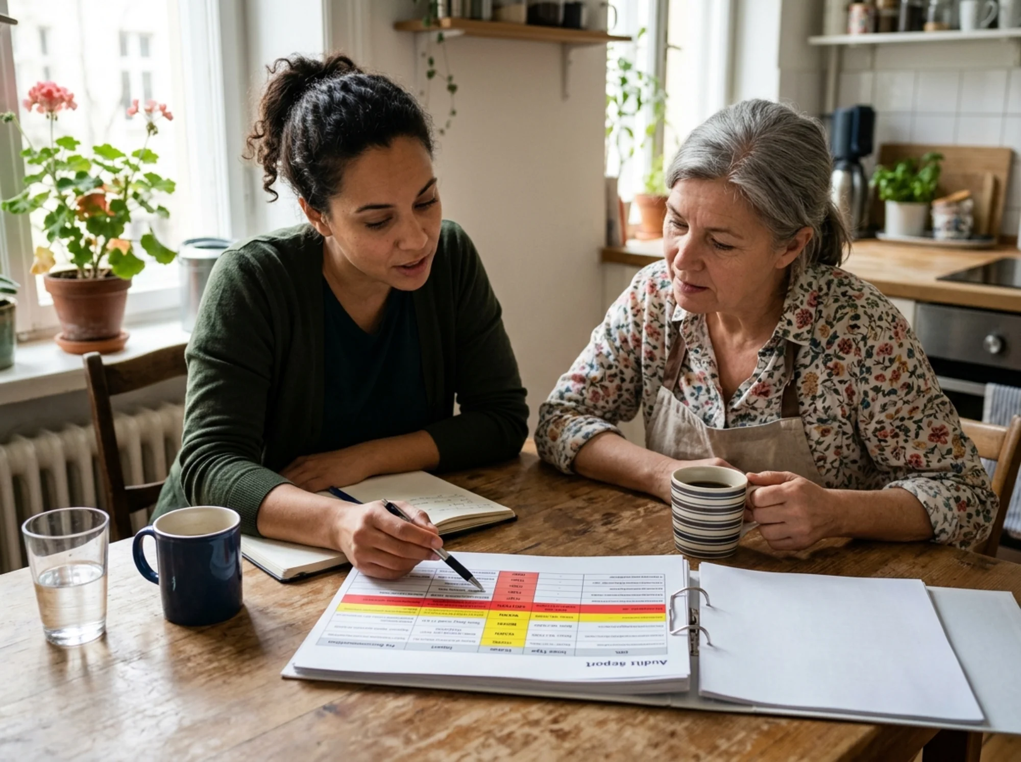 A marketing consultant at a kitchen table walking a small bakery owner through a printed website audit report, red and yellow highlights on broken contact form and slow page rows, two coffee mugs, daylight, collaborative posture