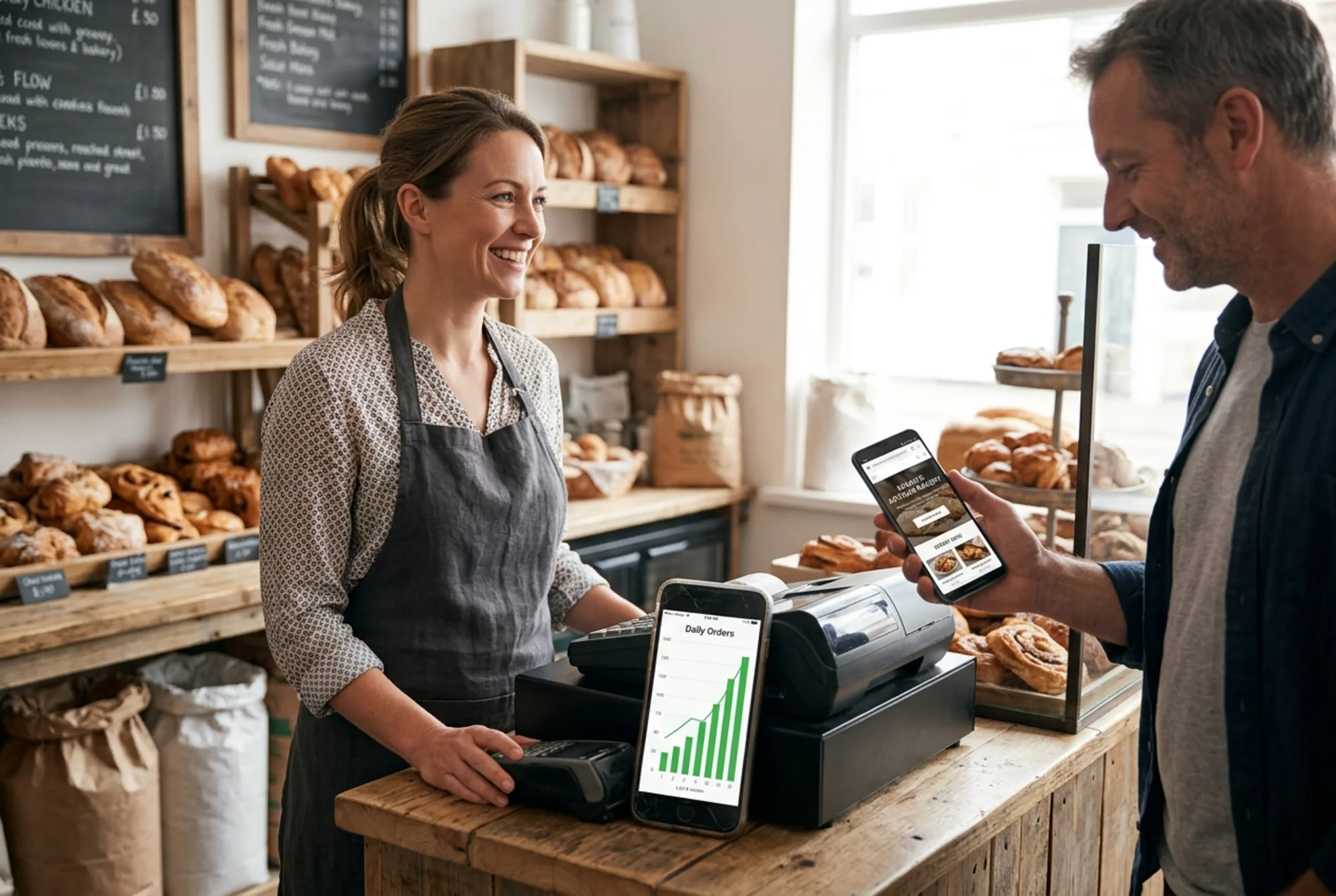 The same bakery owner six weeks later, smiling at the counter while a phone on the till shows a steady upward orders graph and a new customer walks in holding a phone with the bakery's website open, bright morning light