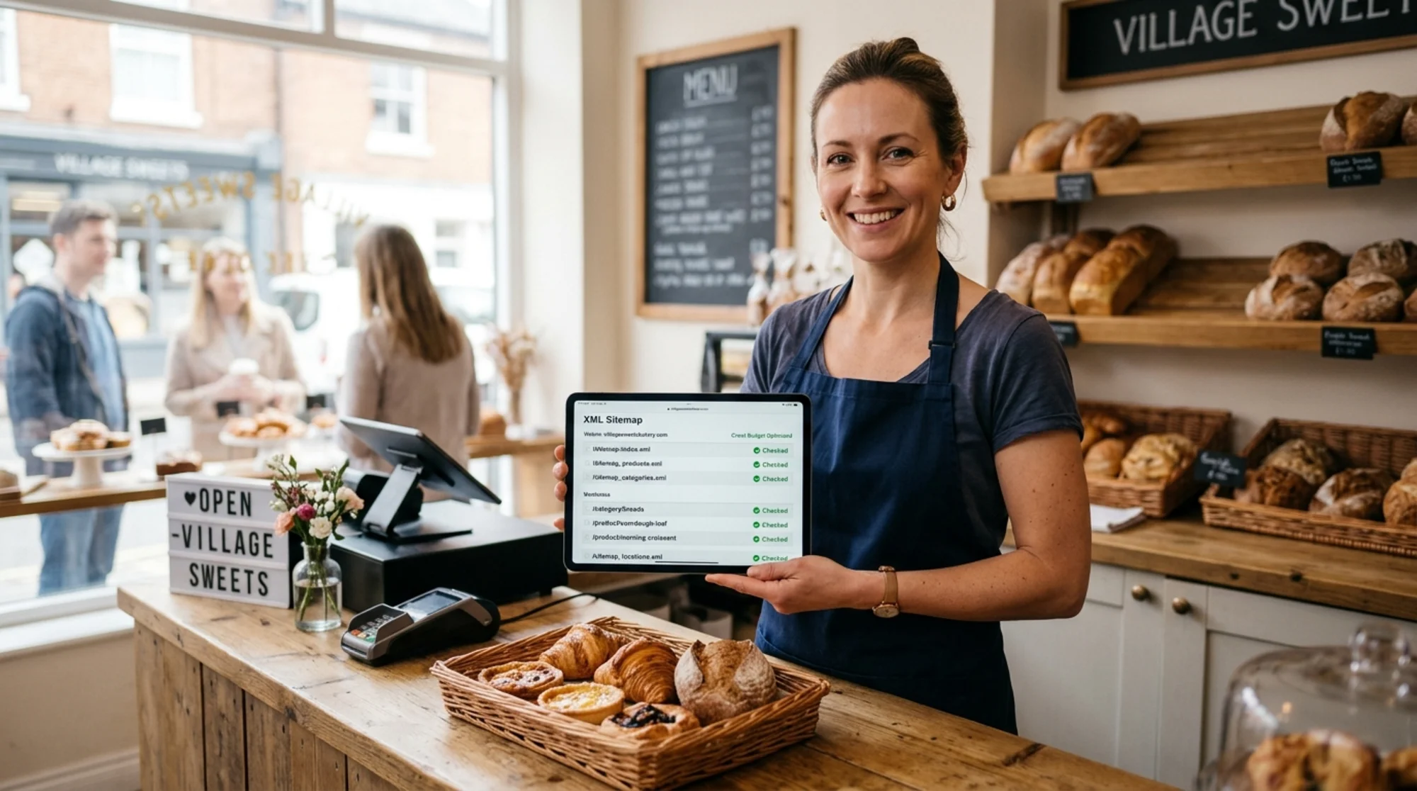 A small bakery owner standing at her shop counter holding a tablet that clearly shows an XML sitemap list with green checkmarks beside product and category URLs, warm morning light through the front window, pastries on a tray nearby, calm and confident expression