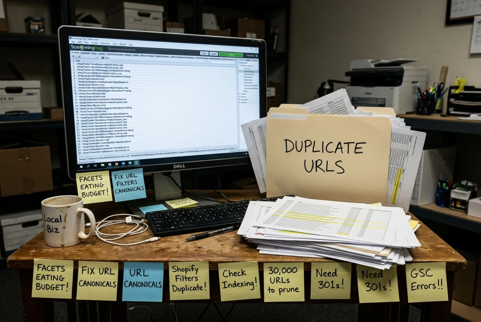 A cluttered backroom desk with a monitor showing a long scrolling list of faceted filter URLs like /shop?color=blue&size=m&sort=price, a paper folder labeled "duplicate URLs" spilling printouts, sticky notes covering the desk edge, a half-empty coffee cup pushed aside