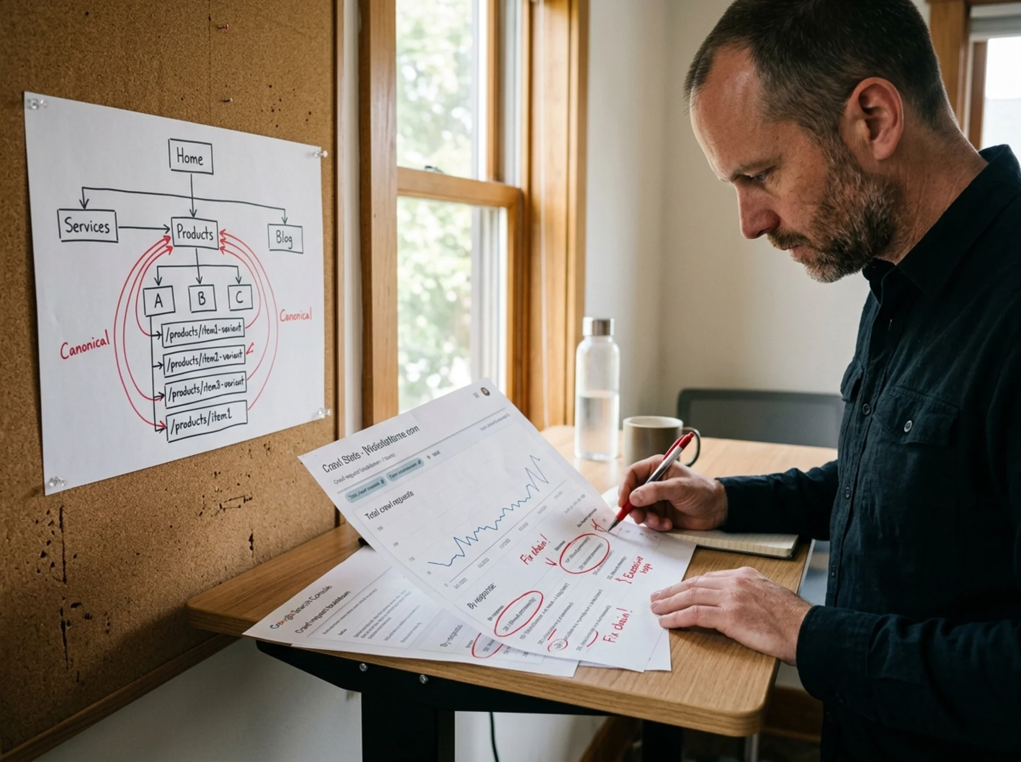 A web operator at a standing desk studying a printed Google Search Console crawl stats report with redirect chains circled in red pen, a hand-drawn site structure diagram pinned to a corkboard showing canonical arrows, daylight from a side window, focused expression, no screens visible