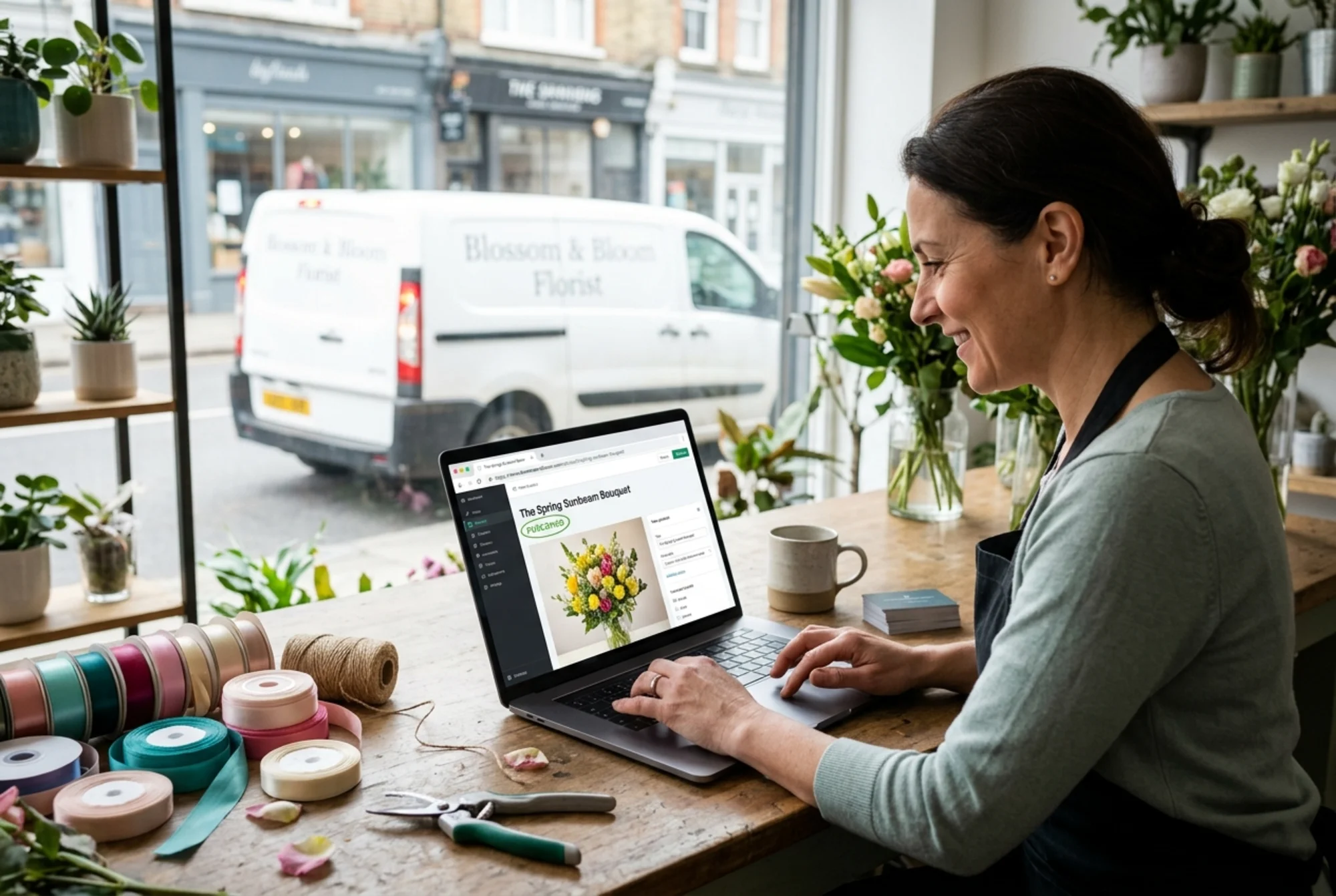A florist updating a fresh product listing on a laptop in her shop, the browser showing a new bouquet page with a green "published" badge and a clean URL in the address bar, a delivery van visible pulling away through the window, ribbon spools and plants on the counter