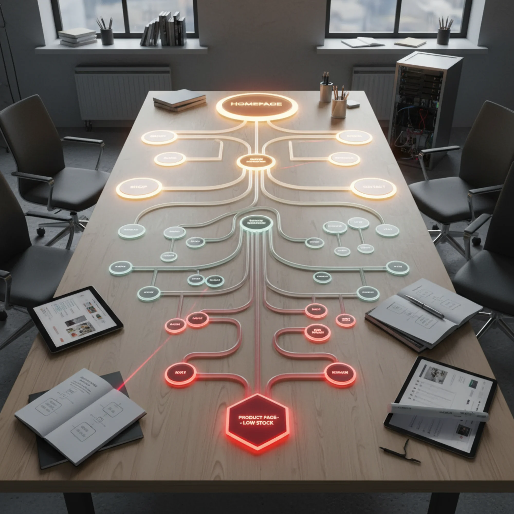 A top-down website hierarchy diagram with a homepage node at the top branching into five levels, where a glowing red product page sits buried at level five, with faded link lines showing how far it is from the homepage