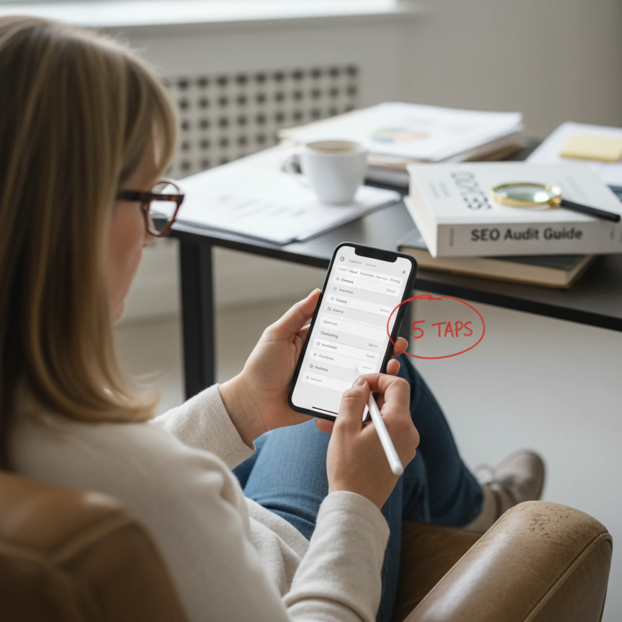 A small business owner on a phone tapping through nested navigation menus to find their own services page, with a breadcrumb trail visible on screen reading Home > About > Resources > Services > Pricing, showing five taps to reach one page