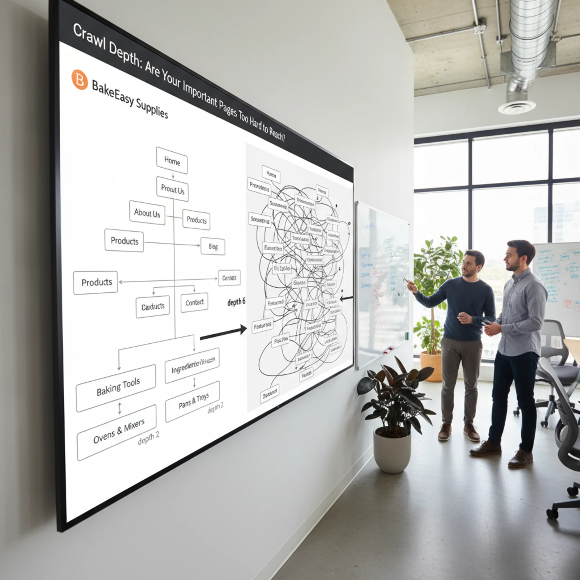 A split-screen comparison of two website site-map trees: the left side flat and organized with priority pages two clicks from home labeled "depth 2," the right side tangled with arrows showing six clicks to the same content labeled "depth 6"