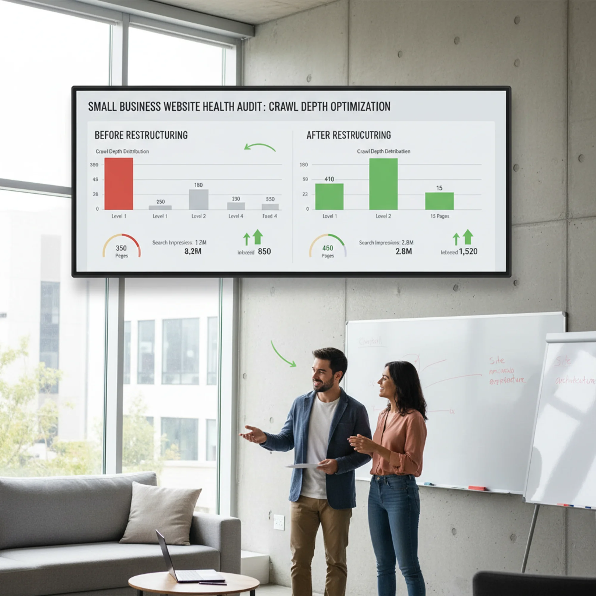 A website analytics dashboard displaying a before-and-after crawl depth chart, with pages moved from level 5 to level 2, alongside rising search impressions and indexed page counts after site restructuring