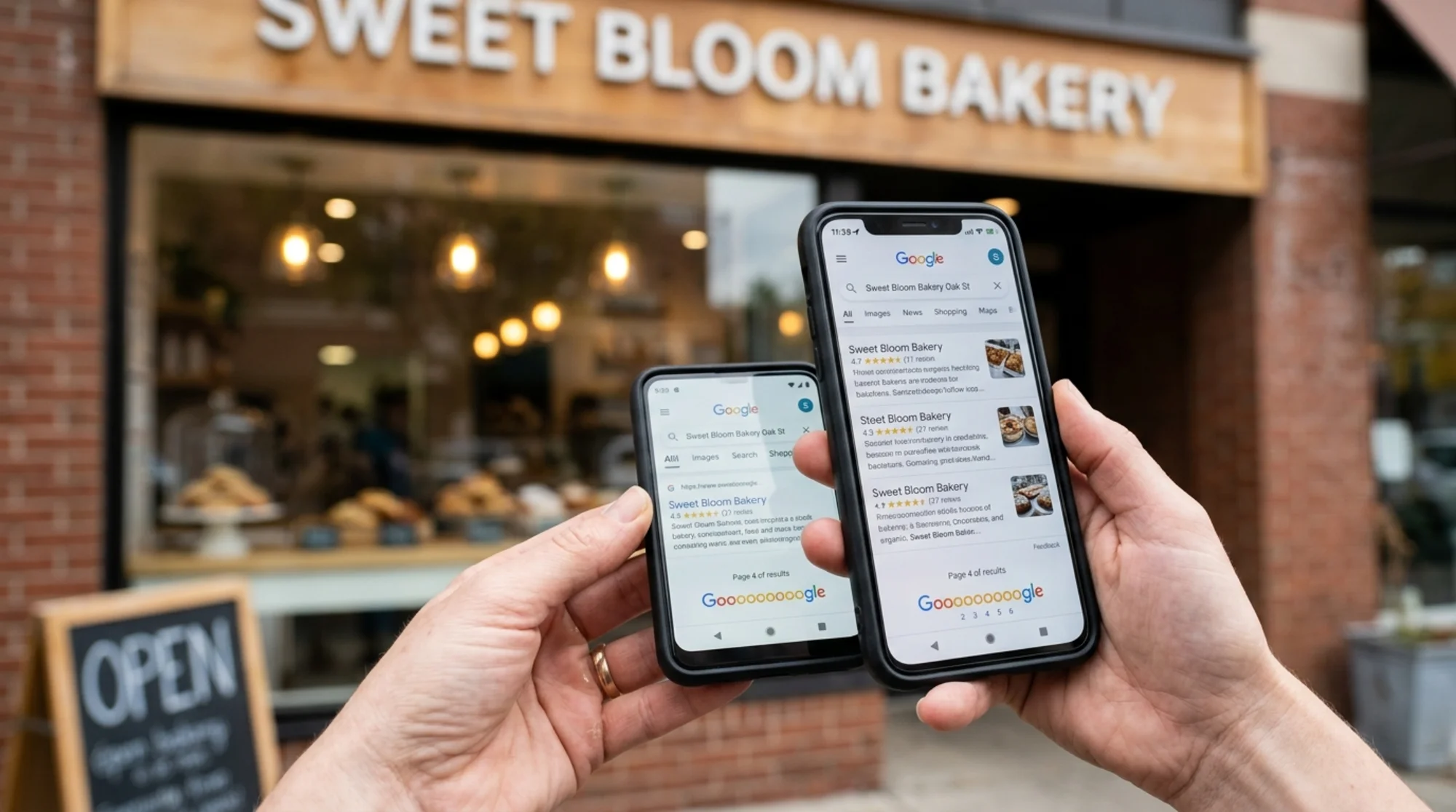 Close-up of a small business owner's hands holding a smartphone showing a Google search result for their own bakery, with the storefront blurred in the background and a faint "Page 4 of results" indicator visible