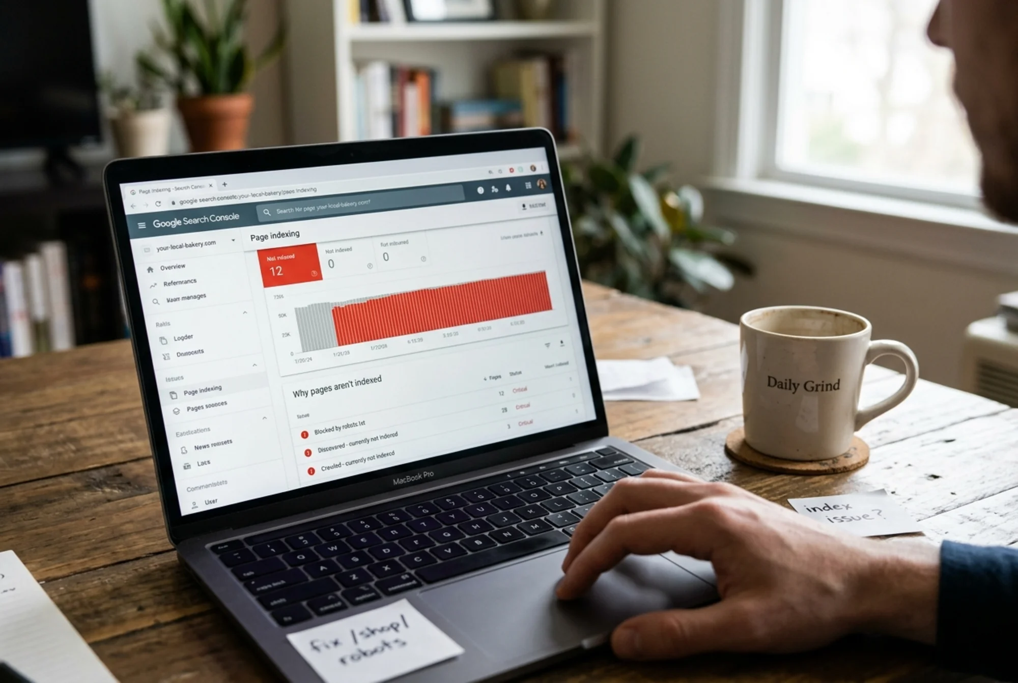 A laptop screen displaying Google Search Console's "Page indexing" report with several pages flagged red under "Not indexed" reasons like "Blocked by robots.txt" and "Discovered - currently not indexed", coffee cup beside the keyboard