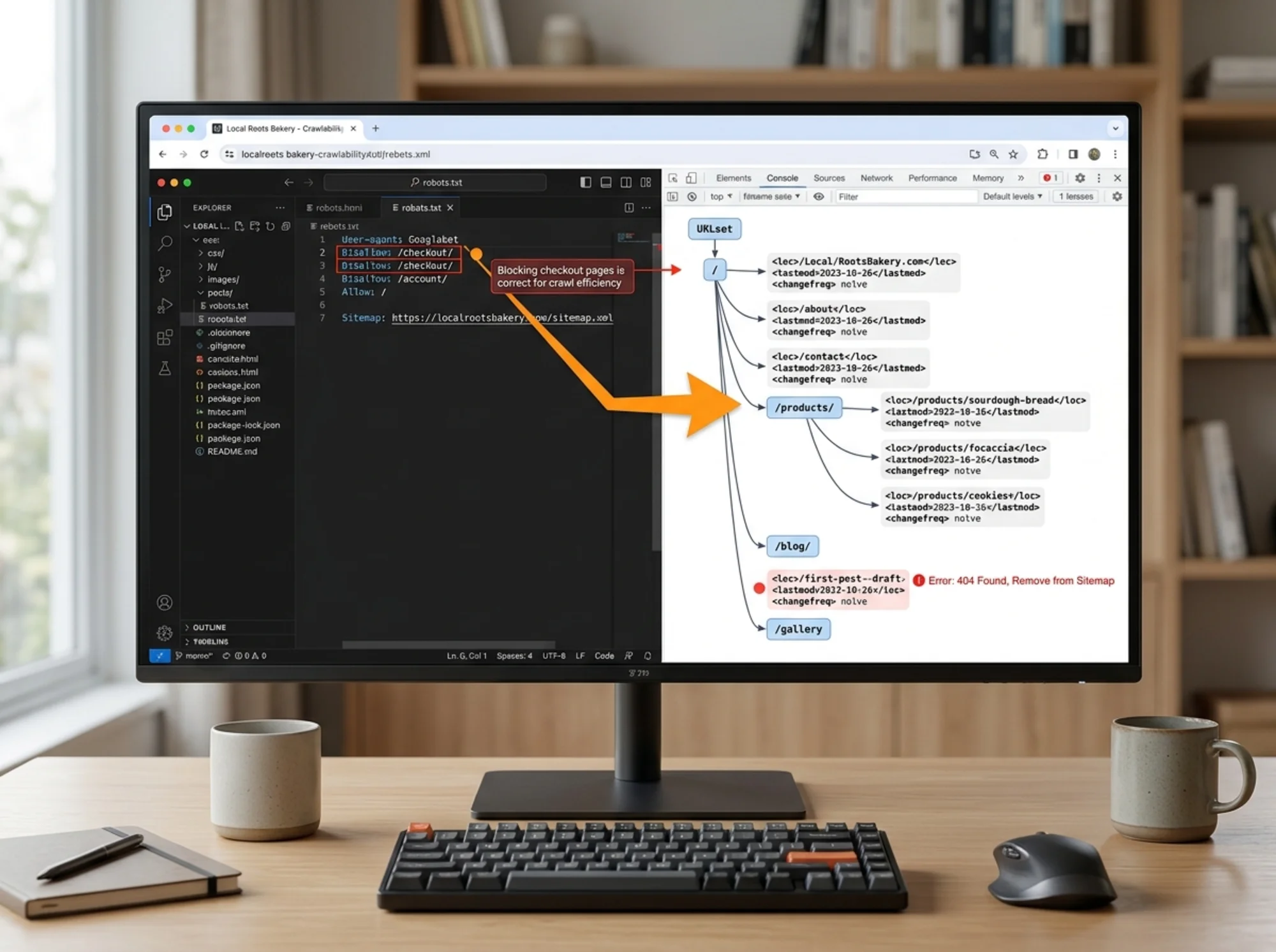 Split-screen view of a website's robots.txt file in a code editor on the left and a sitemap.xml tree diagram on the right, with arrows showing the crawl path Googlebot follows between them