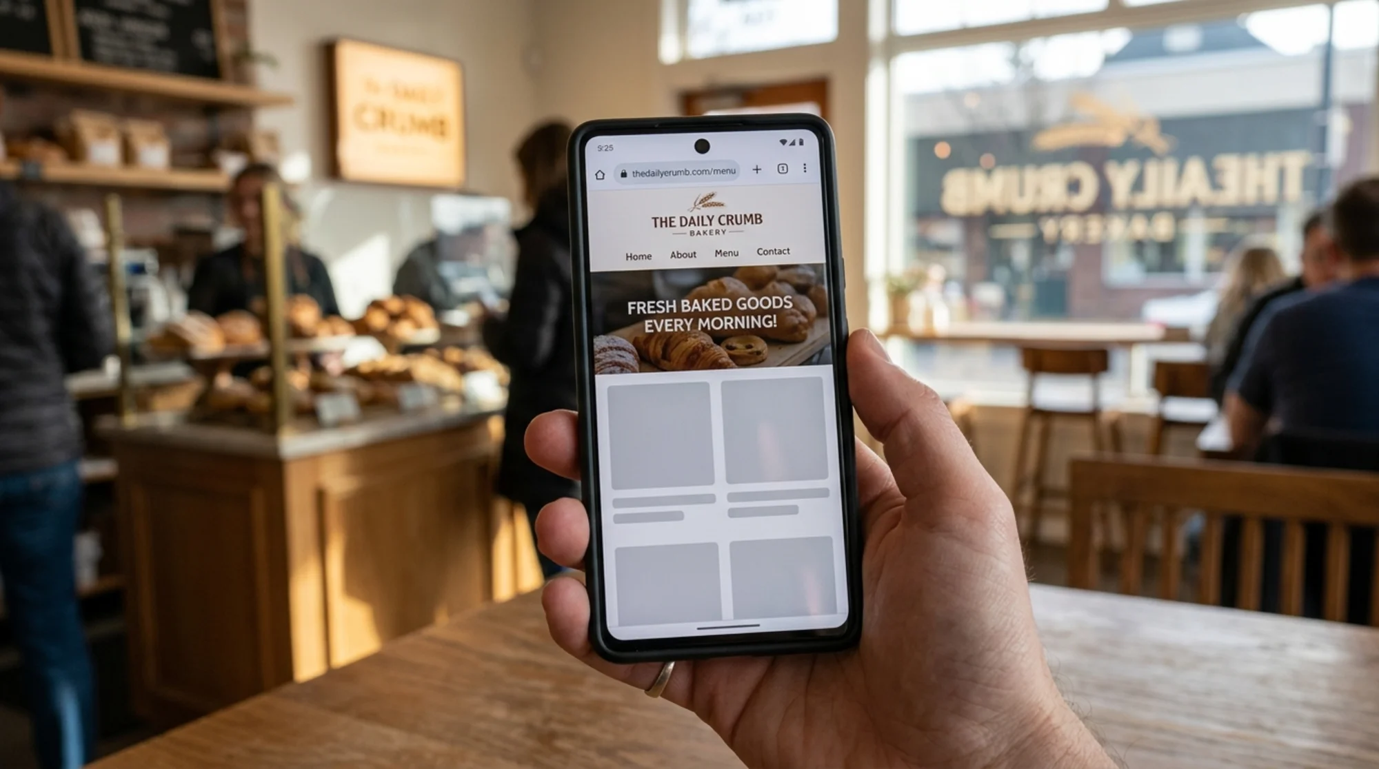 Close-up of a small bakery's homepage half-loaded in a mobile browser, headline and logo visible at top but product photos still rendering as gray skeleton placeholders, soft morning light through a shop window behind the phone