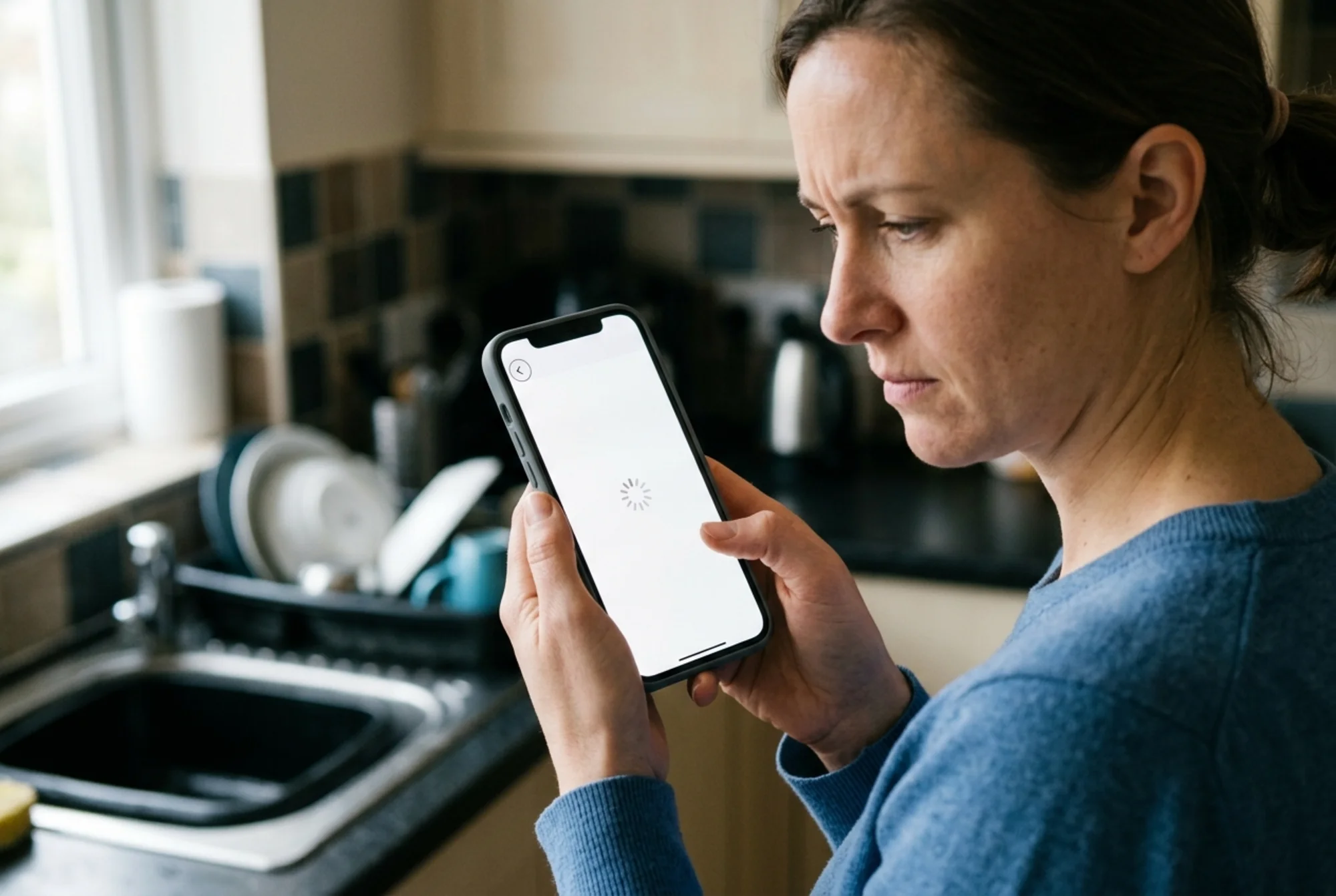 A frustrated customer on a phone staring at a blank white screen on a local plumber's website with a spinning loader in the center, thumb hovering near the browser back button
