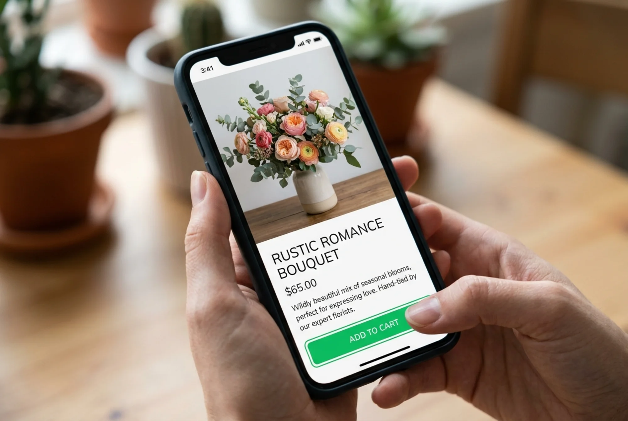 A florist's product page fully rendered on a phone screen with a crisp hero bouquet image, readable headline in a fallback-then-custom font, and a green "Add to Cart" button being tapped by a confident thumb