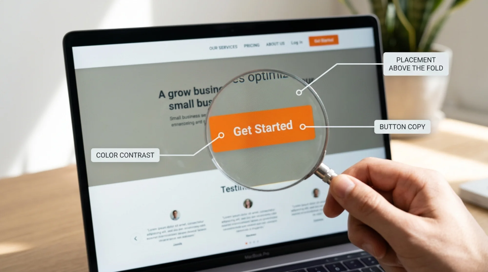 Close-up screenshot of a website homepage hero section on a laptop monitor with a bright orange "Get Started" button being inspected by a translucent magnifying glass, surrounded by clean callout labels pointing to color contrast, button copy, and placement above the fold