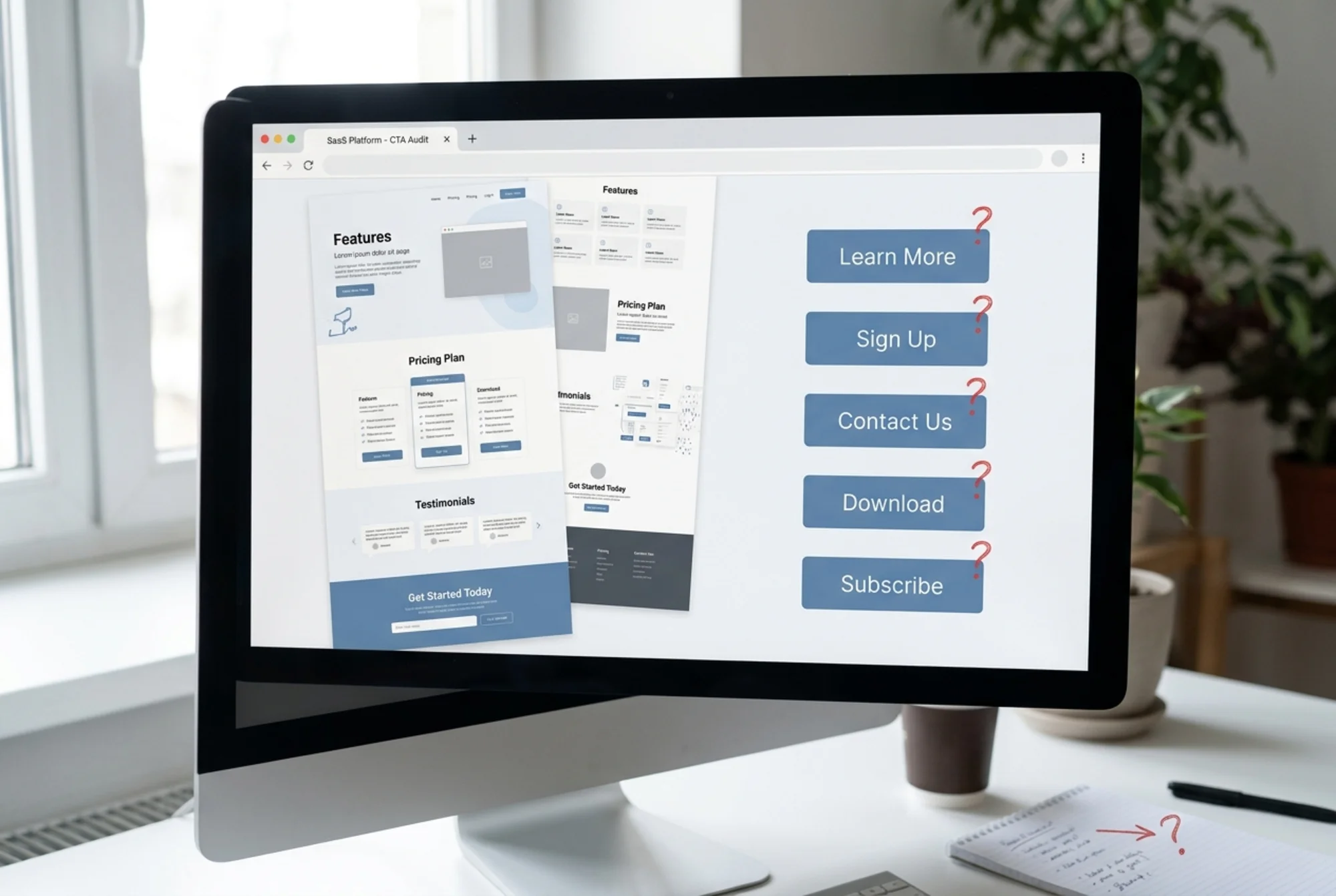 Cluttered SaaS landing page mockup on a desktop browser showing five competing buttons of nearly identical size and muted color ("Learn More", "Sign Up", "Contact Us", "Download", "Subscribe") with small red question marks floating above each, illustrating decision paralysis